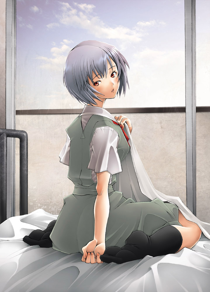 sakai hamachi, ayanami rei, neon genesis evangelion, bed, blue hair, kneehighs, red eyes, school uniform, serafuku, short hair, socks, solo