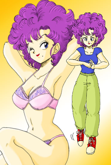 ranfan, dragon ball, dragon ball (classic), artist request, 1girl, blue eyes, bra, female focus, lingerie, lipstick, looking at viewer, makeup, mole, one eye closed, panties, pants, purple hair, red lips, shirt, shoes, sneakers, solo, t-shirt, underwear, wink