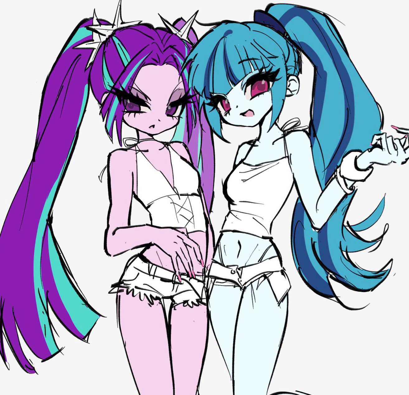 aria blaze, aria blaze (human), sonata dusk, sonata dusk (human), my little pony, my little pony: equestria girls, my little pony: friendship is magic, hashtag-only commentary, highres, unfinished, 2girls, :d, aqua hair, bare arms, blue eyeshadow, blue hair, blue skin, bracelet, breasts, camisole, chestnut mouth, collarbone, colored skin, cowboy shot, denim, denim shorts, exposed pocket, eyelashes, eyeshadow, fingernails, grey background, hair ornament, hand up, high ponytail, jewelry, long fingernails, long hair, looking at viewer, makeup, micro shorts, midriff, multicolored hair, multiple girls, nail polish, navel, open mouth, panties, pink eyes, pink nails, pink skin, ponytail, purple eyes, purple eyeshadow, purple hair, short shorts, shorts, side-by-side, sidelocks, simple background, skinny, small breasts, smile, spaghetti strap, standing, standing on one leg, star (symbol), star hair ornament, streaked hair, teeth, tgyten, thigh gap, tsurime, twintails, two-tone hair, underwear, v-bangs, very long hair, white camisole, white shorts