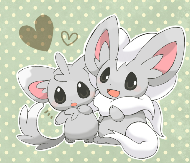 tayuta0, cinccino, minccino, nintendo, pokemon, blush, evolutionary line, gen 5 pokemon, green background, heart, no humans, open mouth, pokemon (creature), polka dot, polka dot background, sitting, smile, standing