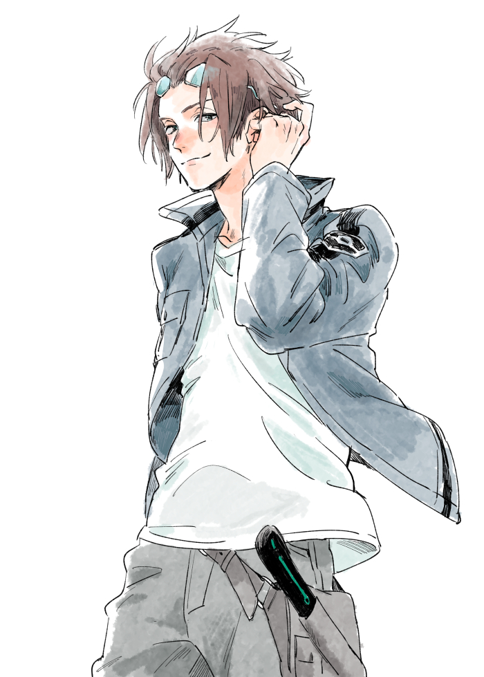mochizuki (osatou), jin yuuichi, world trigger, brown hair, jacket, long sleeves, looking at viewer, short hair, smile, white background