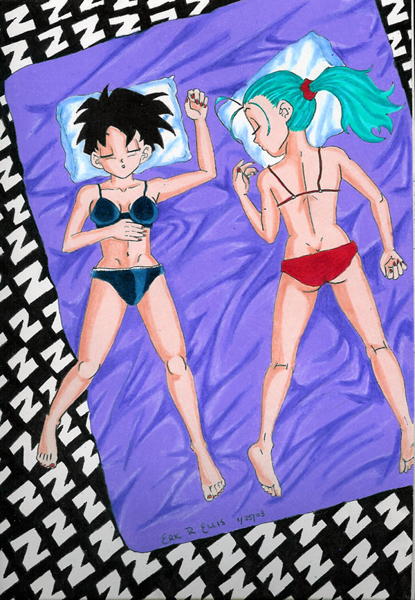 bra (dragon ball), videl, dragon ball, dragon ball gt, 2girls, ass, bed, black hair, blue hair, breasts, butt crack, female focus, lingerie, multiple girls, panties, ponytail, short hair, underwear
