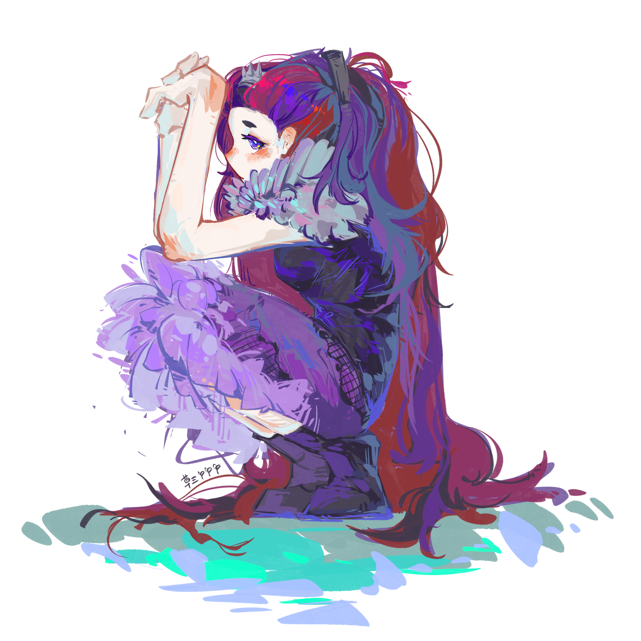 raven queen, ever after high, chinese commentary, commentary request, highres, 1girl, absurdly long hair, ankle boots, arms up, bare arms, black boots, black shirt, blush, boots, breasts, bright pupils, ear blush, elbow rest, feathers, fishnets, frilled skirt, frills, from side, full body, hair behind ear, hair ornament, high ponytail, ldleiying, long arms, long hair, looking at viewer, medium skirt, multicolored hair, no mouth, on grass, own hands together, painterly, ponytail, profile, purple eyes, purple hair, purple skirt, red hair, shirt, sideways glance, silver tiara, simple background, skirt, sleeveless, sleeveless shirt, small breasts, solo, squatting, streaked hair, two-tone hair, very long hair, white background, white pupils
