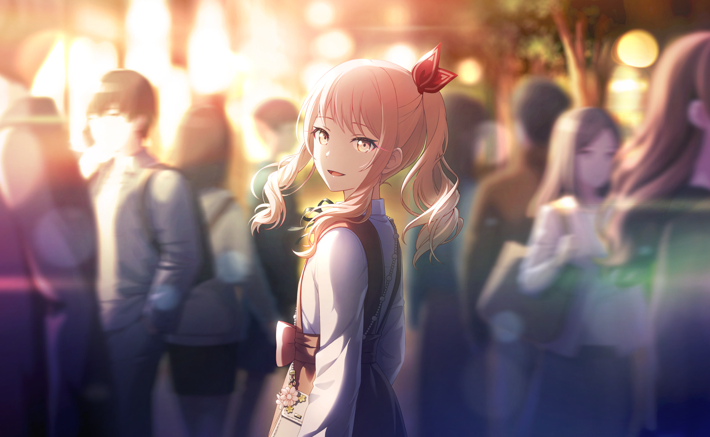 colorful palette, akiyama mizuki, project sekai, game cg, highres, official art, third-party source, 1other, 3boys, 4girls, backlighting, black ribbon, blurry, blurry background, bokutachi no seizon tousou (project sekai), brown hair, long sleeves, looking at viewer, medium hair, multiple boys, multiple girls, parted lips, pink eyes, pink hair, ponytail, ribbon, shirt, sidelocks, solo focus, tongue, tree, white shirt