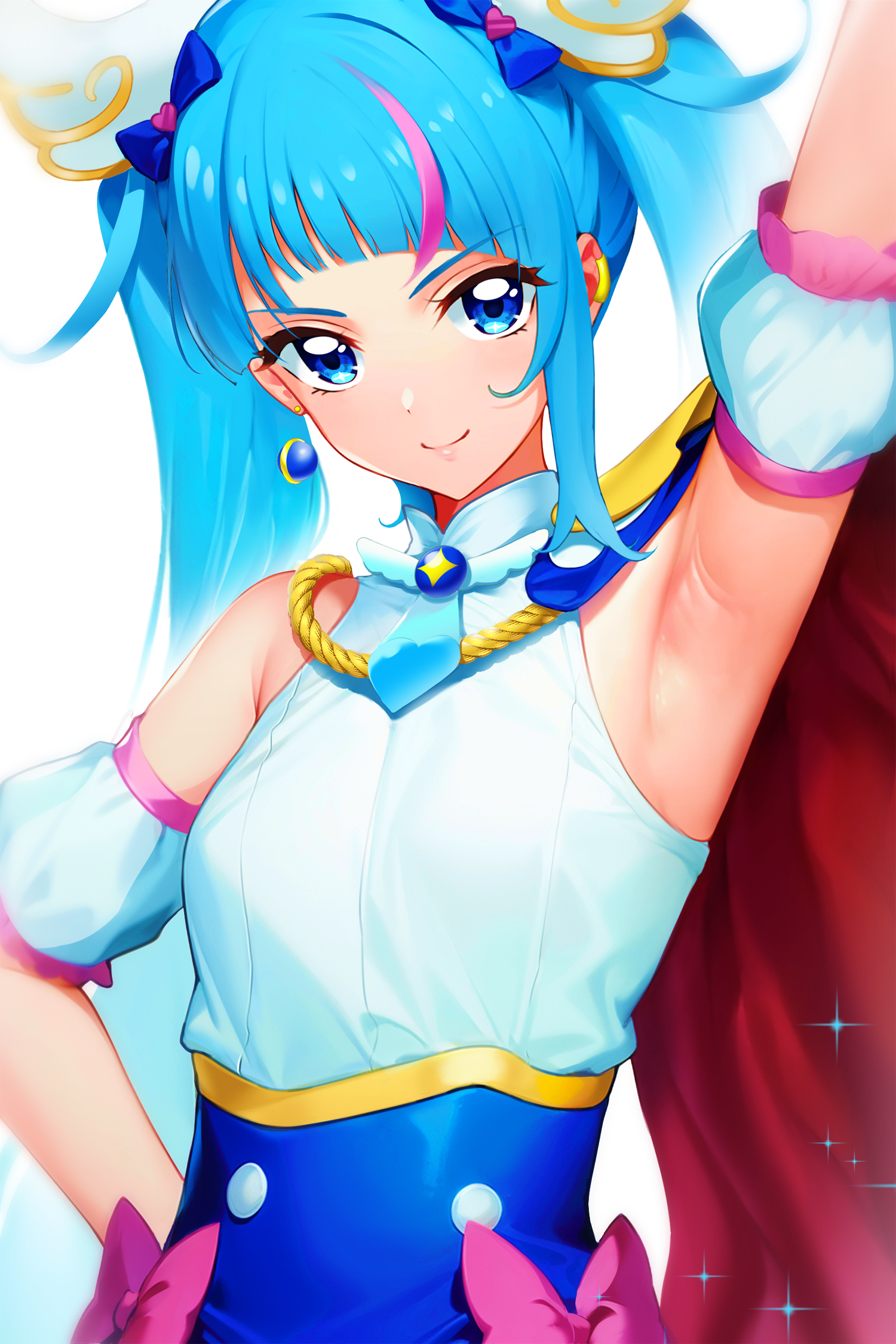 mocchisake, cure sky, sora harewataru, hirogaru sky! precure, precure, commentary, highres, 1girl, arm up, armpits, blue dress, blue eyes, blue hair, bow, brooch, closed mouth, cut bangs, detached sleeves, dress, dress bow, earclip, earrings, hair ornament, hand on own hip, jewelry, long hair, looking at viewer, magical girl, multicolored hair, pink bow, pink hair, puffy detached sleeves, puffy sleeves, simple background, single earring, single sidelock, sleeveless, sleeveless dress, smile, solo, streaked hair, twintails, two-tone dress, two-tone hair, upper body, very long hair, white background, white dress, wing brooch, wing hair ornament