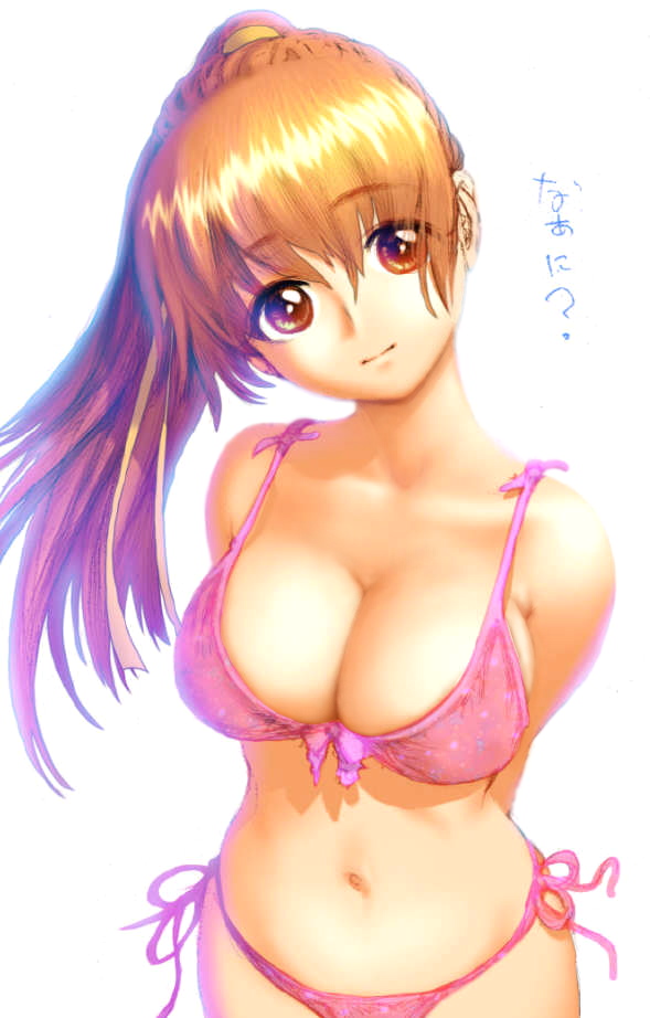 ebina souichi, kasumi (doa), dead or alive, tecmo, 1girl, bikini, breasts, cleavage, cowboy shot, female focus, head tilt, large breasts, long hair, looking at viewer, navel, pink bikini, ponytail, side-tie bikini bottom, simple background, solo, swimsuit, white background