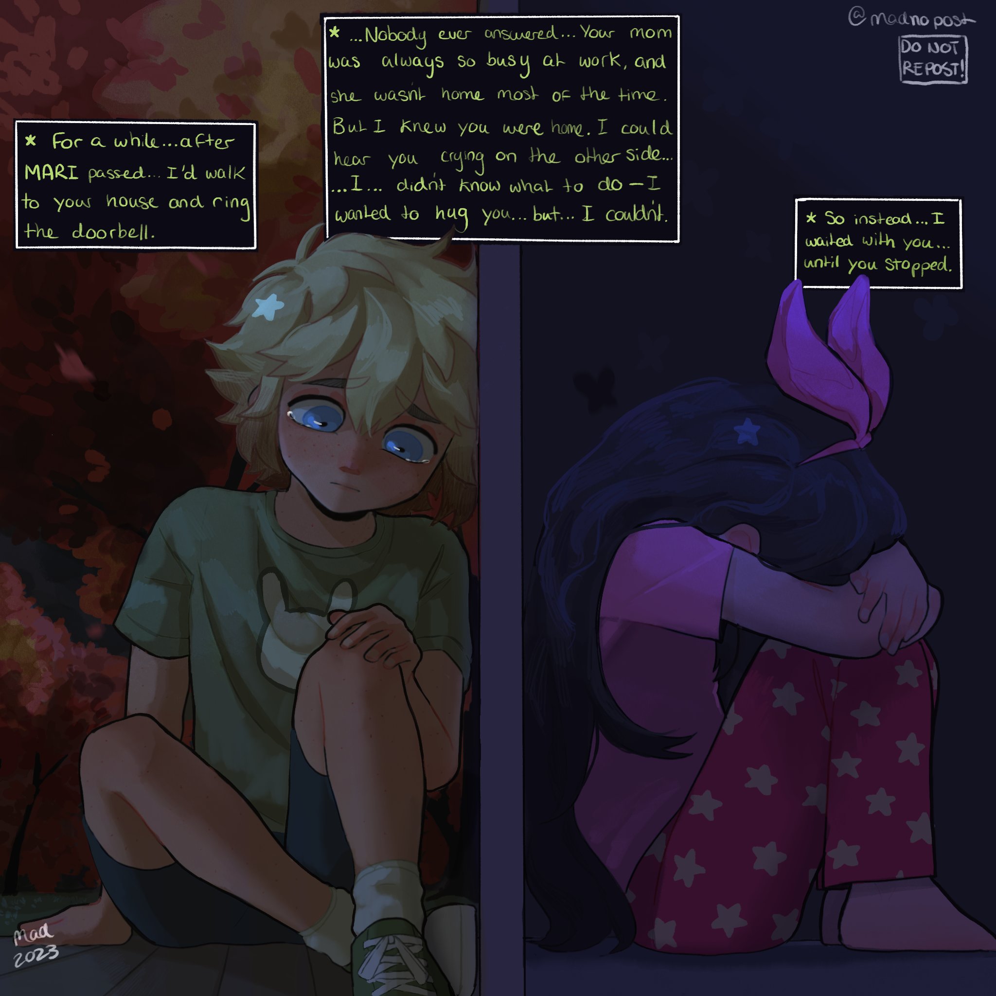 madnopost, aubrey (faraway) (omori), aubrey (omori), basil (faraway) (omori), basil (omori), omori, highres, 1boy, 1girl, 2023, alternate costume, alternate universe, arm support, artist name, barefoot, black hair, black shorts, blonde hair, blue eyes, closed mouth, crossed arms, double-parted bangs, english text, green shirt, hairband, hand on own knee, indoors, knees up, left-to-right manga, long hair, outdoors, pink hairband, pink shirt, sad, shirt, shoes, short hair, shorts, sitting, sneakers, socks, speech bubble, t-shirt, tearing up, white socks