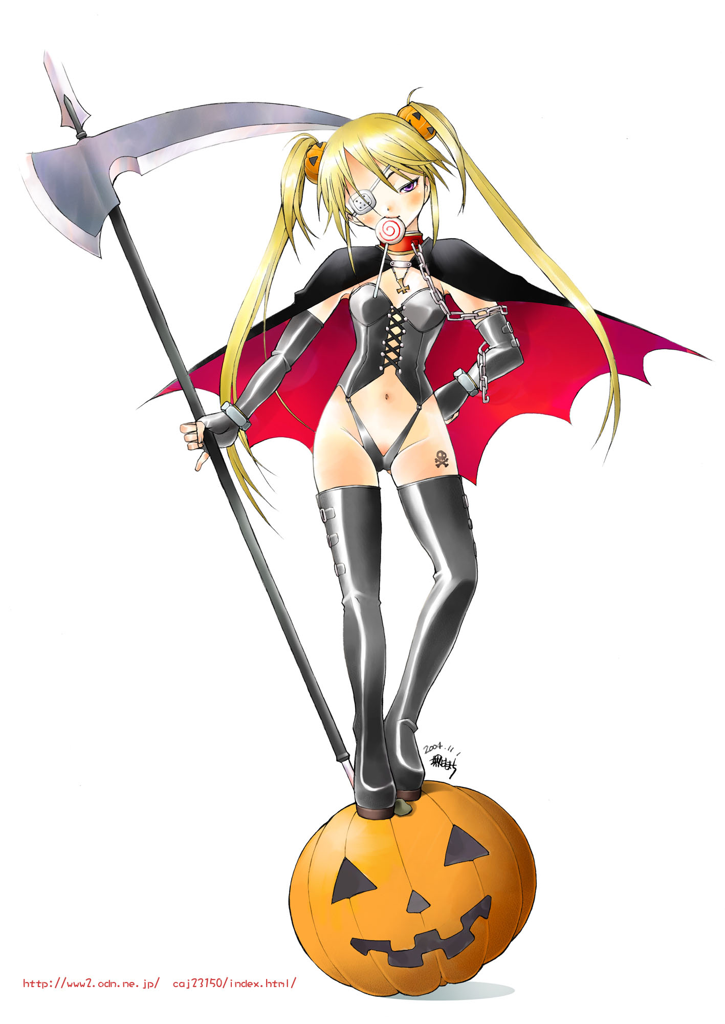 sakai hamachi, original, highres, 1girl, blonde hair, boots, candy, cape, collar, corset, elbow gloves, eyepatch, female focus, fingerless gloves, food, gloves, halberd, halloween, leash, leather, lollipop, long hair, polearm, purple eyes, scythe, solo, swirl lollipop, tattoo, thigh boots, thighhighs, twintails, weapon