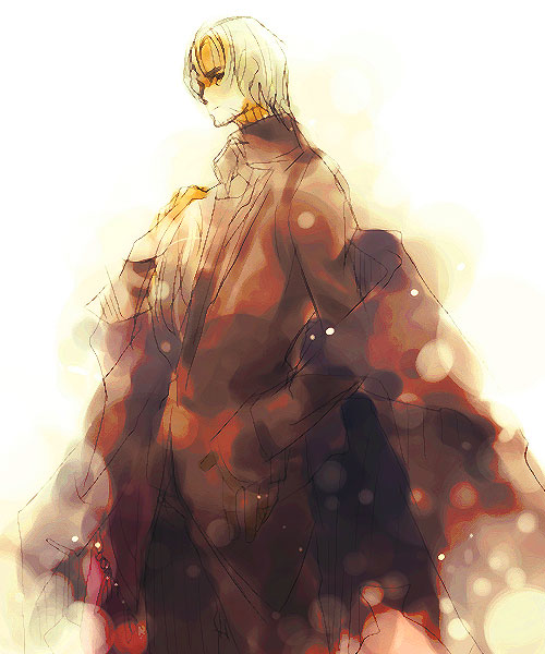 abyss (sound horizon), elysion, sound horizon, 1boy, coat, cowboy shot, dust, frills, from side, lens flare, male focus, profile, solo, standing, white hair