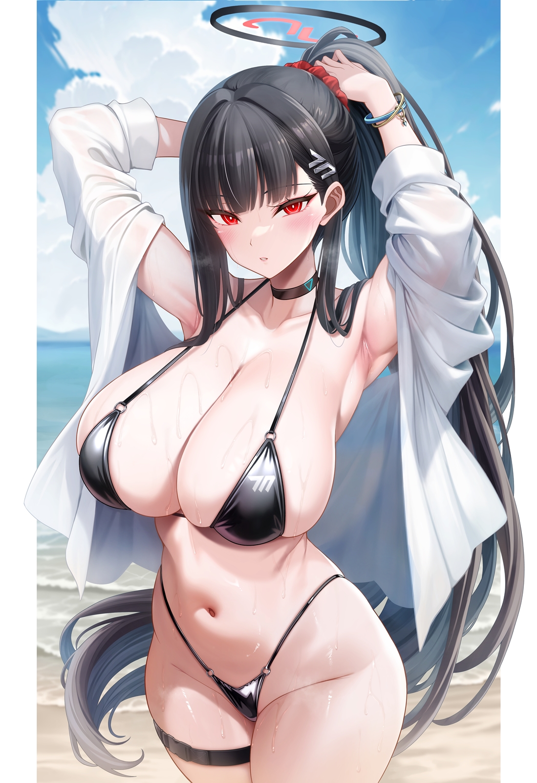 oni-noboru, rio (blue archive), blue archive, highres, 1girl, alternate costume, arm behind head, armpits, arms up, bare shoulders, beach, bikini, black bikini, black choker, black hair, black halo, blue sky, blush, bracelet, breasts, bright pupils, choker, cleavage, cloud, cloudy sky, collarbone, covered erect nipples, cowboy shot, cumulonimbus cloud, day, dress shirt, eyelashes, groin, hair intakes, hair ornament, hair scrunchie, hairclip, half-closed eyes, halo, halterneck, high ponytail, highleg, highleg bikini, horizon, huge breasts, jewelry, large breasts, legs together, long hair, long sleeves, looking at viewer, makeup, mascara, micro bikini, midriff, millennium science school logo, mountainous horizon, multicolored halo, navel, o-ring, o-ring bikini, o-ring bottom, o-ring top, ocean, open clothes, open shirt, outdoors, parted lips, ponytail, red eyes, red scrunchie, ringed eyes, scrunchie, shirt, sideboob, skindentation, sky, sleeves rolled up, solo, standing, stomach, string bikini, sweat, swimsuit, thigh strap, two-tone halo, underboob, very long hair, water, waves, wet, white pupils, white shirt
