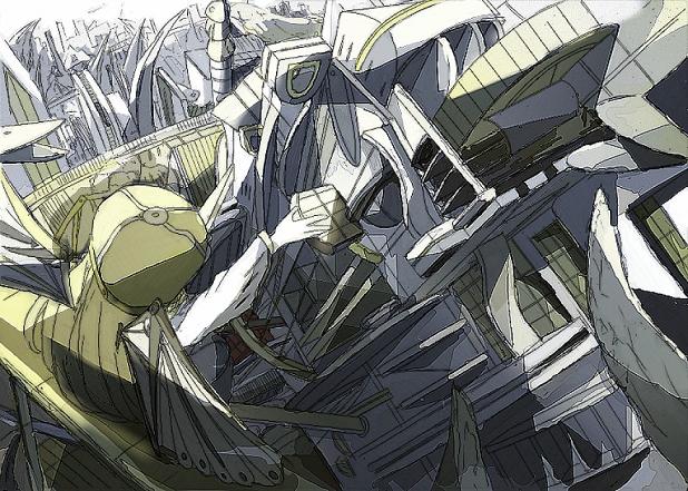 agaribana, traditional media, 1girl, mechanical wings, outstretched arm, perspective, scenery, sketch, wings