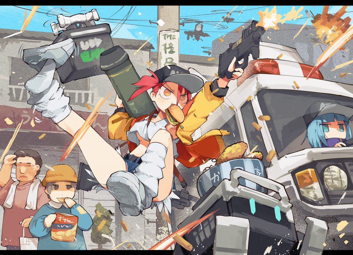 gregorius yamada, 1boy, 3girls, aircraft, asahina yoko, baseball cap, belt, blue eyes, blue hair, bowl, box truck, breasts, building, bullpup, burger, chips (food), cutoffs, denim, denim shorts, driving, drone, embers, explosion, food, food in mouth, gun, hat, helicopter, holding, holding gun, holding weapon, jacket, jitome, jumping, letterboxed, looking at viewer, loose socks, m1 bazooka, motor vehicle, multiple girls, nitro express, open clothes, open jacket, orange eyes, outdoors, p90, people, potato chips, red hair, robot, rocket launcher, shell casing, shirt, shoes, short hair, short shorts, shorts, small breasts, sneakers, socks, submachine gun, truck, utility pole, v-shaped eyebrows, weapon, white shirt, white socks, yagyo tamaki, yellow jacket