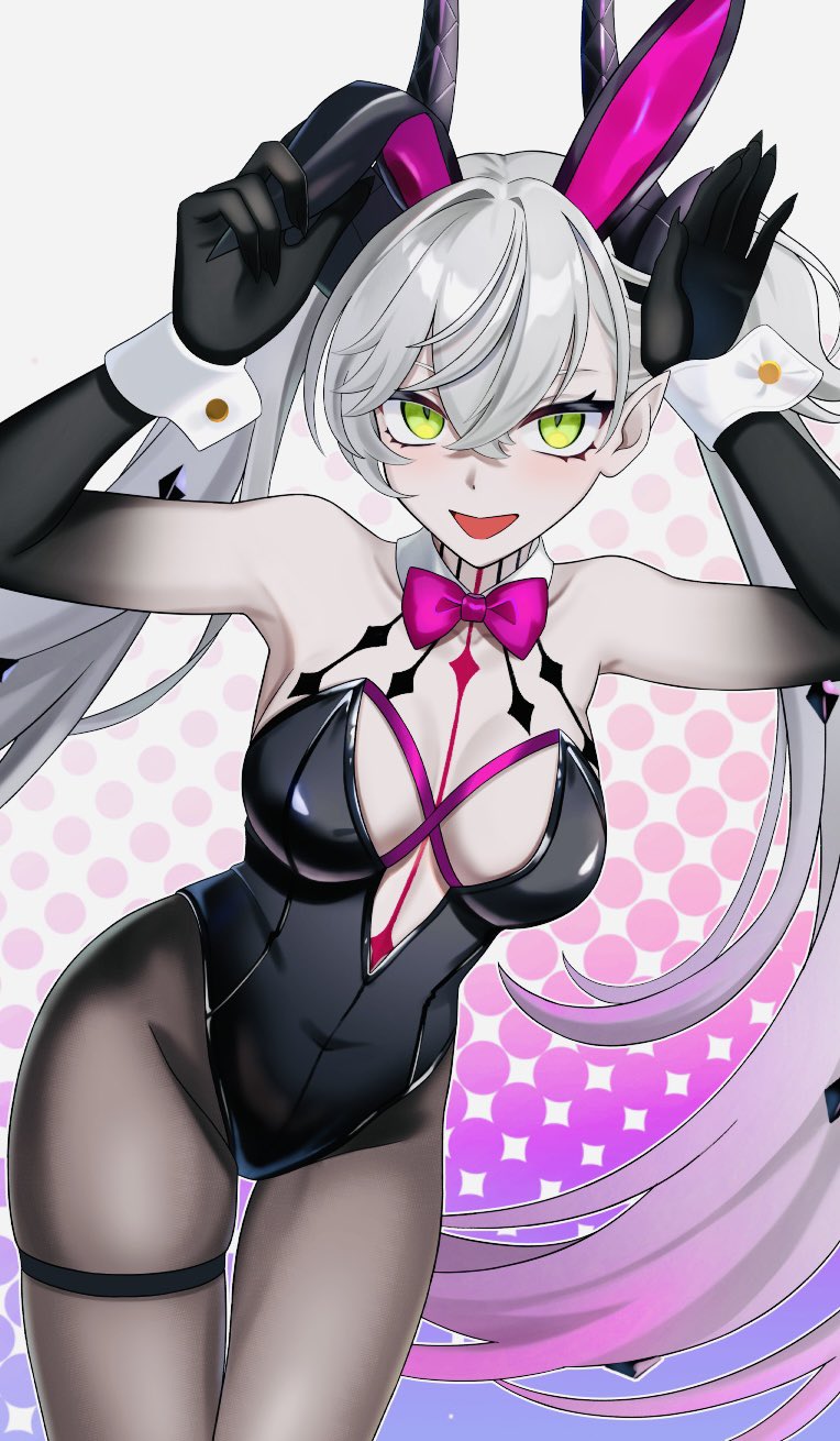 sakura kaoru 04, lilith (fate), fate/grand order, fate (series), highres, revision, 1girl, animal ears, bare shoulders, black hands, black leotard, blush, body markings, bow, bowtie, breasts, brown pantyhose, cleavage, colored extremities, crossed bangs, demon girl, demon horns, detached collar, fake animal ears, green eyes, grey hair, hair between eyes, highleg, highleg leotard, horns, large breasts, leotard, long hair, looking at viewer, open mouth, pantyhose, playboy bunny, pointy ears, rabbit ears, solo, thighs, twintails, very long hair, wrist cuffs
