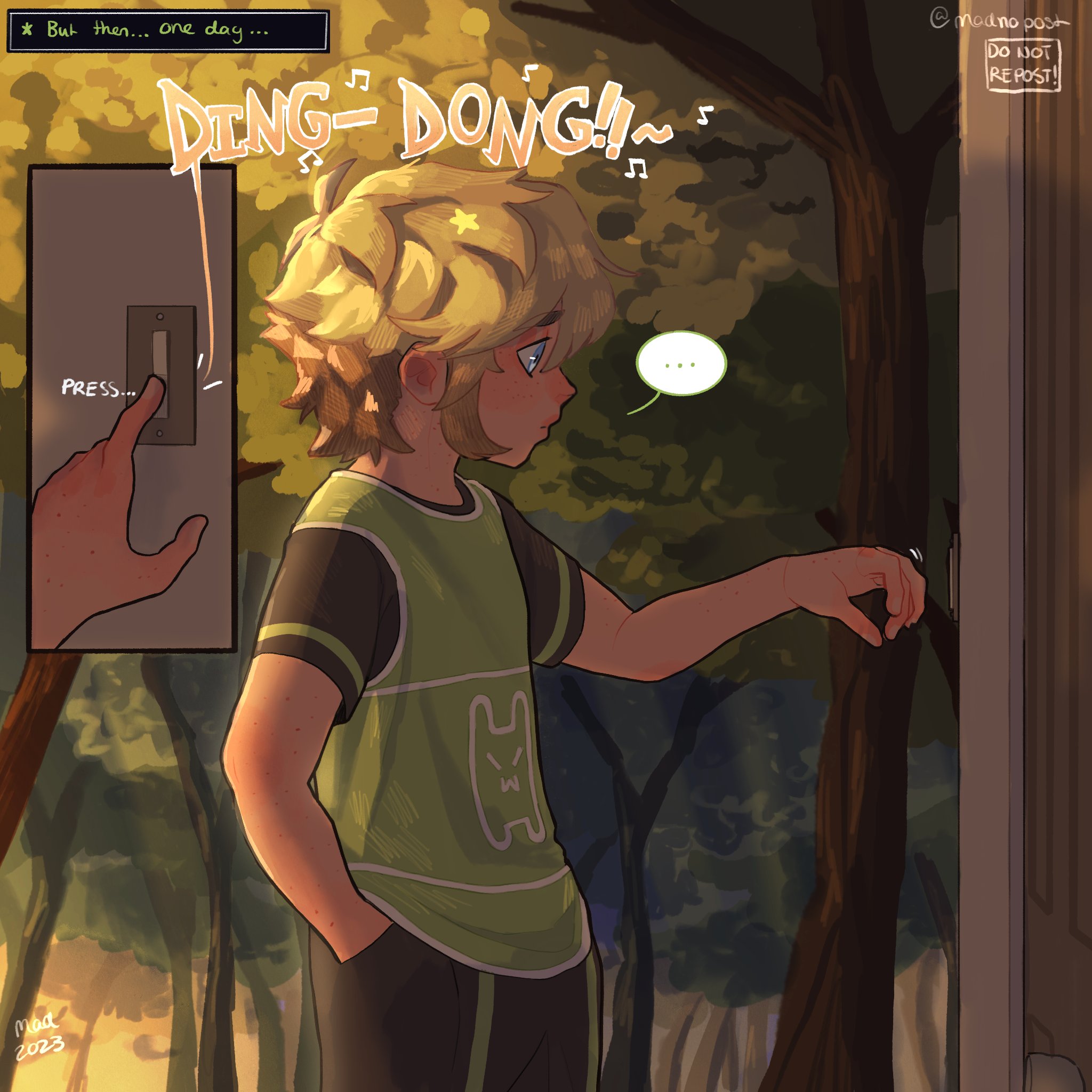 madnopost, basil (faraway) (omori), basil (omori), omori, highres, …, 1boy, 2023, alternate costume, alternate universe, artist name, blonde hair, blue eyes, closed mouth, door, doorbell, english text, from side, hand in pocket, left-to-right manga, male focus, outdoors, short sleeves, sidelocks, solo, speech bubble, spoken ellipsis, tree