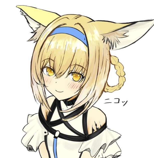 makaroni (arknights4649), infection monitor (arknights), suzuran (arknights), arknights, commentary request, partial commentary, 1girl, animal ear fluff, animal ears, bare shoulders, blonde hair, blue hairband, blush, closed mouth, hair between eyes, hair rings, hairband, looking at viewer, material growth, oripathy lesion (arknights), portrait, short hair, simple background, smile, solo, white background, yellow eyes