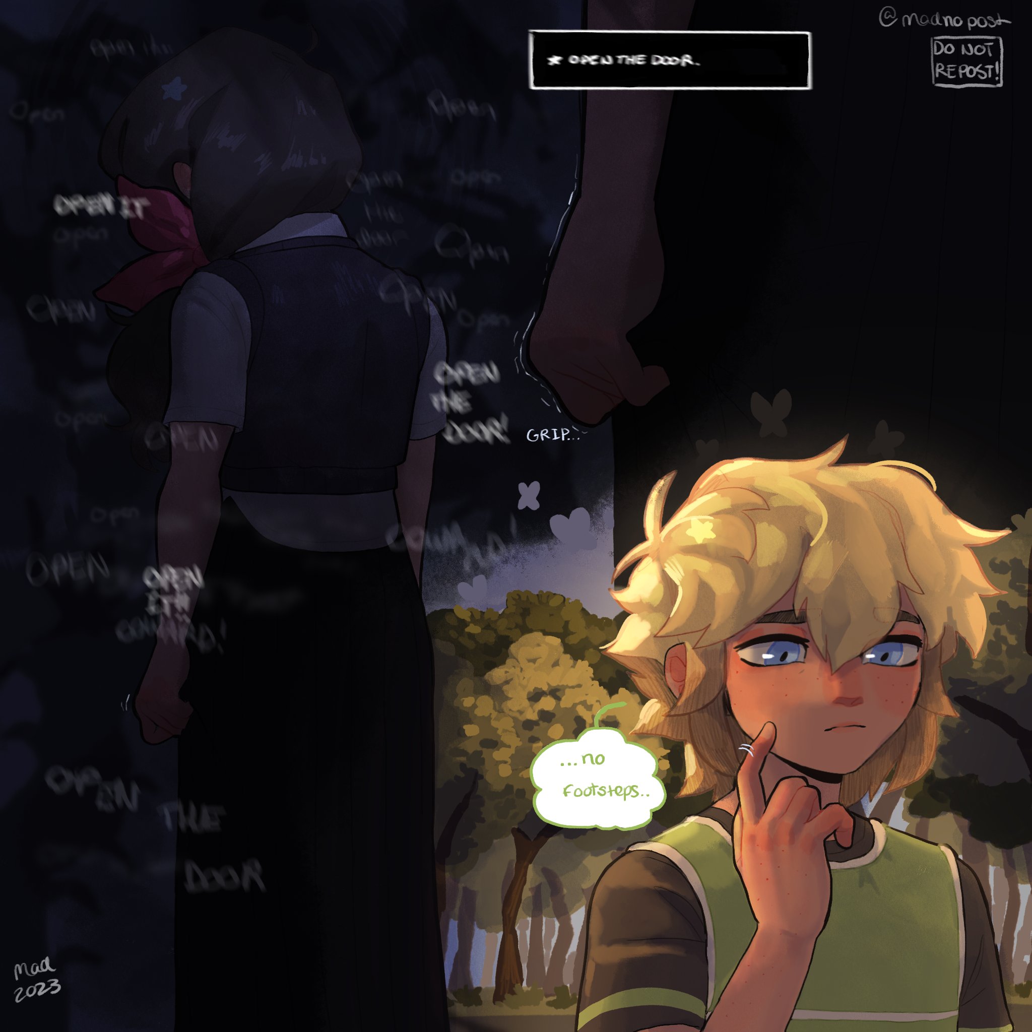madnopost, aubrey (faraway) (omori), aubrey (omori), basil (faraway) (omori), basil (omori), omori, highres, 2023, alternate costume, alternate universe, antenna hair, artist name, black hair, black sweater vest, blonde hair, blue eyes, clenched hand, closed mouth, collared shirt, english text, hair ribbon, index finger raised, left-to-right manga, long hair, low ponytail, pink ribbon, ponytail, ribbon, shirt, short hair, short sleeves, speech bubble, sweater vest, thought bubble, white shirt