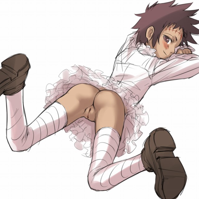 mosha, road kamelot, d.gray-man, 00s, 1girl, ass, black hair, blush, dark-skinned female, dark skin, female focus, frills, long legs, lying, no panties, petite, pussy, short hair, simple background, skirt, smile, solo, striped clothes, striped thighhighs, thighhighs, uncensored, white background, zettai ryouiki
