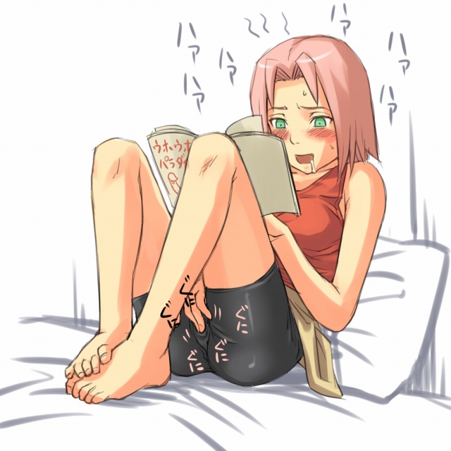 mosha, haruno sakura, naruto (classic), naruto (series), 1girl, ass, bare shoulders, barefoot, bed, bike shorts, blush, book, breasts, clothed masturbation, drooling, feet, feet together, female masturbation, female pervert, fingering, fingering through clothes, fujoshi, full body, green eyes, knees up, legs, masturbation, on bed, open book, open mouth, penis, pervert, pillow, pink hair, pornography, reading, red shirt, saliva, shirt, short hair, shorts, sitting, skirt, sleeveless, sleeveless shirt, small breasts, solo, spandex, sweat, tank top, thighs, through clothes, toes, viewing pornography, yaoi (object)