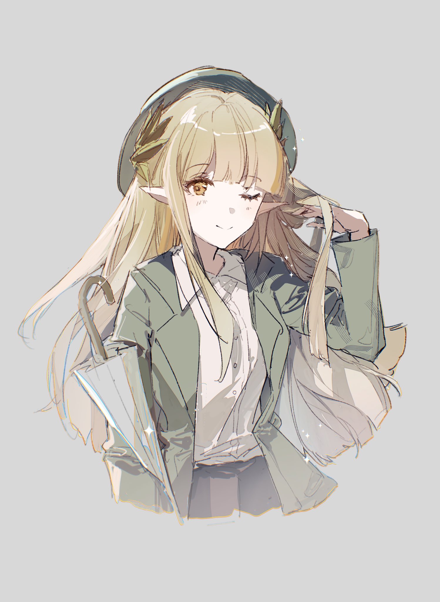 muelsyse (arknights), arknights, highres, 1girl, ;), beret, blonde hair, blunt bangs, closed mouth, cropped legs, elf, green hat, green jacket, grey background, hair lift, hand in own hair, hat, jacket, lamia oh, light blush, long hair, long sleeves, looking at viewer, one eye closed, pointy ears, shirt, sidelocks, simple background, smile, solo, sparkle, umbrella, white shirt, yellow eyes