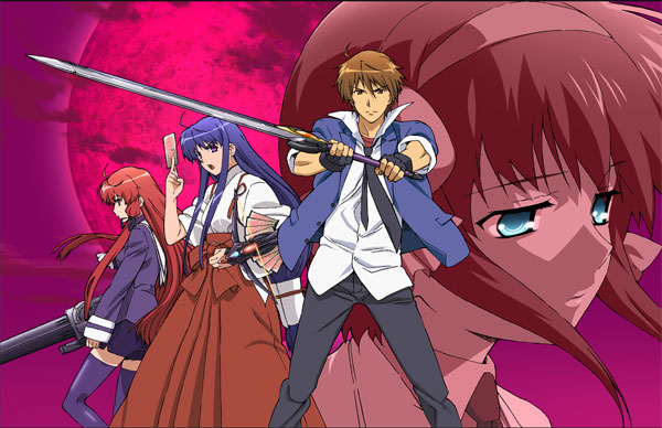 akabane kureha, hiiragi renji, himuro akari, shiho elis, night wizard, 00s, 1boy, 3girls, aqua eyes, blue hair, brown hair, gun, hairband, hakama, hakama skirt, japanese clothes, long hair, miko, multiple girls, necktie, red hair, red hakama, school uniform, skirt, sword, thighhighs, weapon, zettai ryouiki