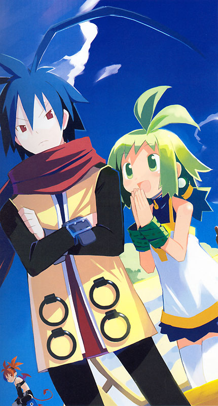 harada takehito, ash (phantom brave), etna (disgaea), marona (phantom brave), prinny, disgaea, makai senki disgaea, phantom brave, third-party edit, 00s, 1boy, 2girls, bat wings, blue hair, bracelet, demon girl, demon tail, dress, earrings, elbow gloves, gloves, green eyes, green hair, jewelry, multiple girls, red eyes, red hair, scarf, tail, thighhighs, twintails, wings