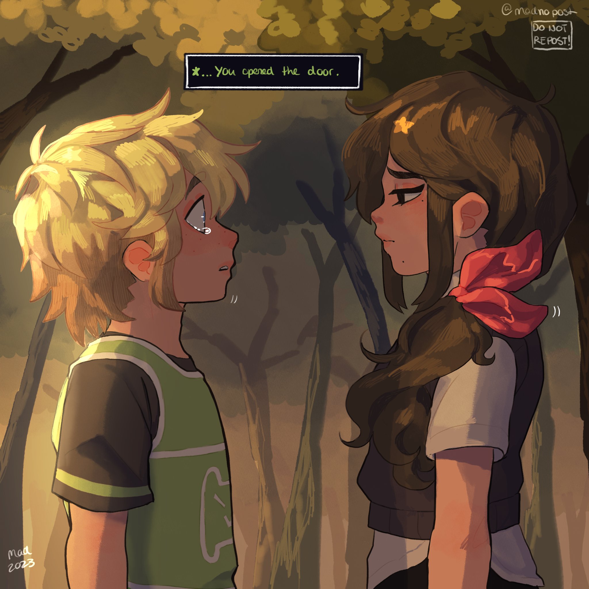 madnopost, aubrey (faraway) (omori), aubrey (omori), basil (faraway) (omori), basil (omori), omori, highres, 1boy, 1girl, 2023, alternate costume, alternate hairstyle, alternate universe, artist name, black eyes, black hair, black sweater vest, blonde hair, blue eyes, closed mouth, collared shirt, english text, from side, hair ribbon, left-to-right manga, long hair, looking at another, low ponytail, mole, mole under eye, mole under mouth, outdoors, parted lips, pink ribbon, ponytail, ribbon, shirt, short hair, short sleeves, speech bubble, sweater vest, tearing up, tree, white shirt