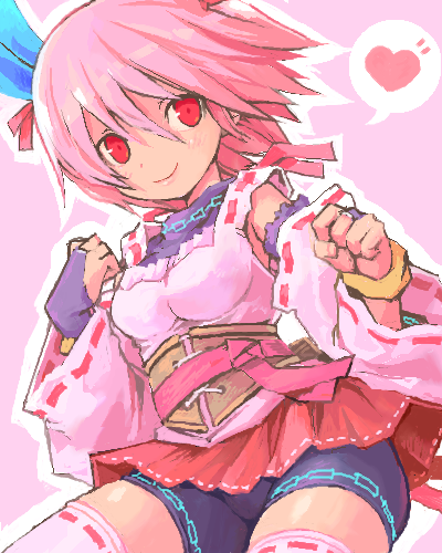 shigatake, original, lowres, 1girl, bike shorts, bridal gauntlets, detached sleeves, female focus, heart, pink background, pink hair, pink theme, red eyes, short hair, solo, thighhighs