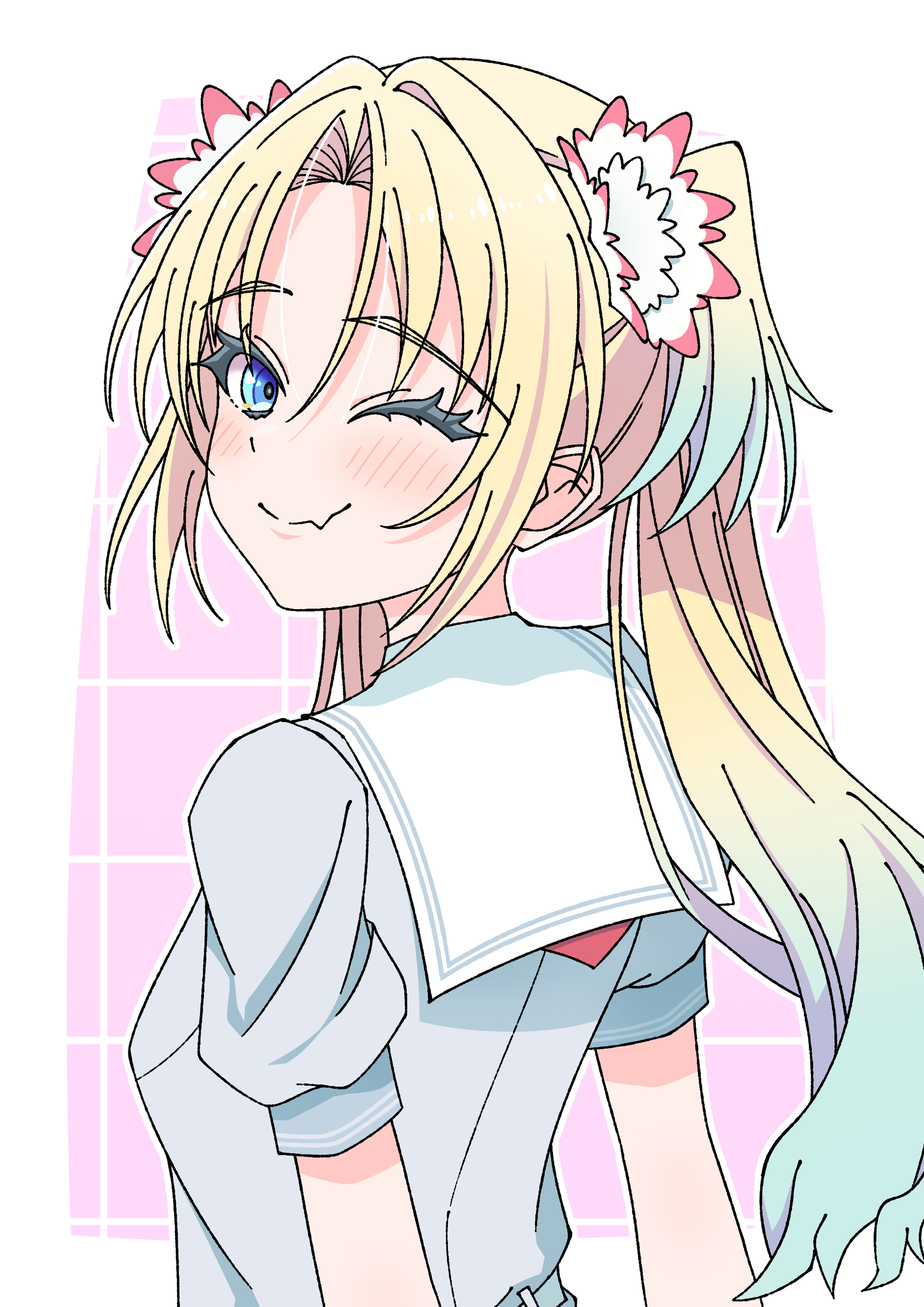 kara iroha, osawa rurino, link! like! love live!, love live!, absurdres, commentary, highres, 1girl, ;), arms behind back, blonde hair, blue eyes, blue hair, border, curtained hair, dress, fang, fang out, flower, from behind, gradient hair, grey dress, grid background, hair flower, hair ornament, hasu no sora school uniform, looking at viewer, looking back, multicolored hair, one eye closed, outside border, parted bangs, pink background, pink flower, sailor collar, sailor dress, school uniform, short sleeves, skin fang, smile, solo, summer uniform, twintails, virtual youtuber, white border, white sailor collar