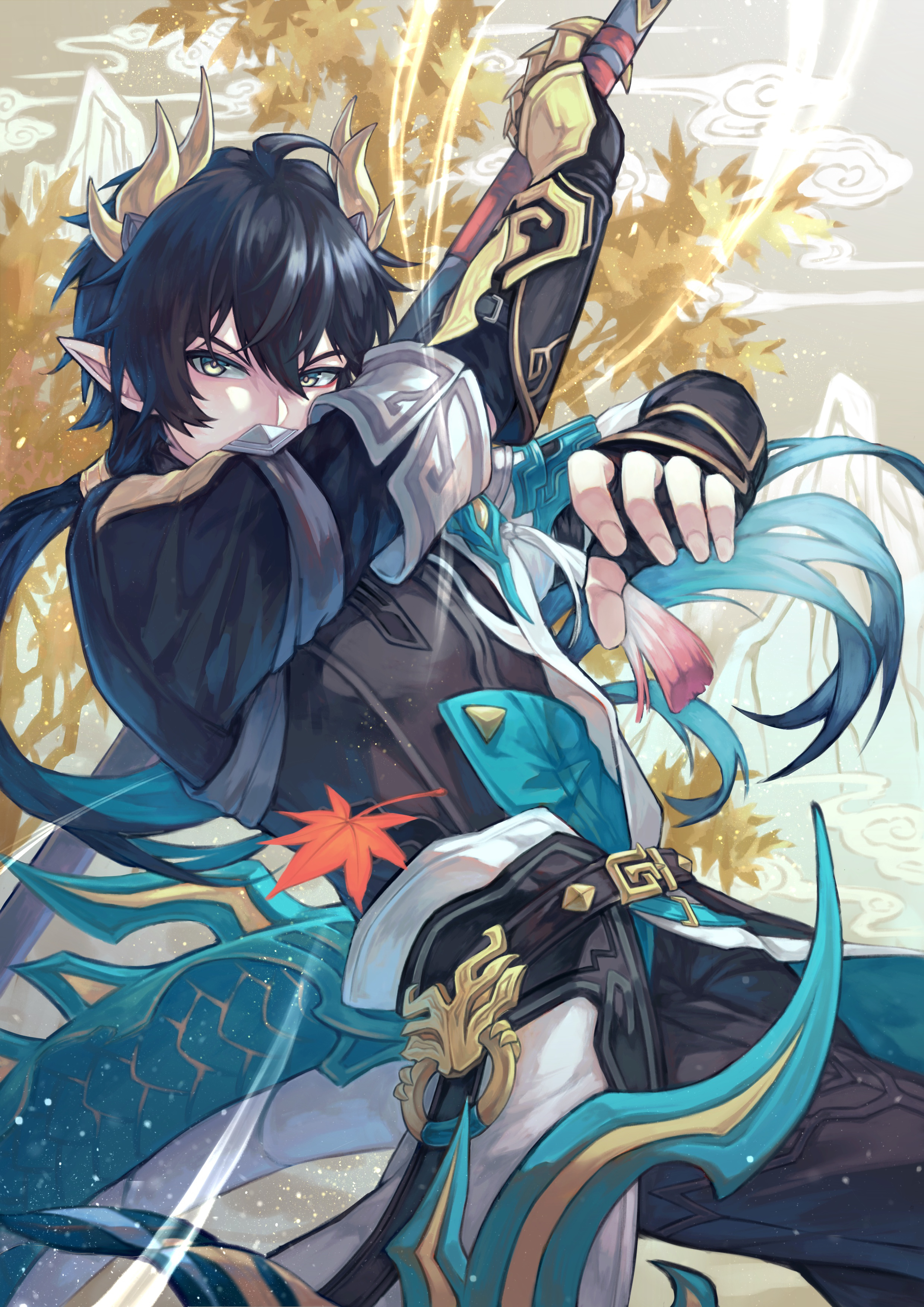 moraco, dan heng (honkai: star rail), dan heng (permansor terrae) (honkai: star rail), honkai: star rail, honkai (series), absurdres, highres, 1boy, belt, black belt, black hair, black pants, black shirt, blue coat, blue hair, chinese clothes, cloud, coat, covered mouth, cowboy shot, dragon boy, dragon horns, dragon tail, eyeliner, fingernails, floating hair, gauntlets, gradient hair, green eyes, grey background, hair between eyes, hair ornament, hands up, holding, holding polearm, holding weapon, horns, leaf, long hair, long sleeves, looking at viewer, low ponytail, makeup, male focus, maple leaf, mountain, multicolored hair, official alternate costume, official alternate hairstyle, pants, polearm, ponytail, red eyeliner, shirt, solo, spear, tail, tassel, two-sided coat, two-sided fabric, v-shaped eyebrows, weapon, white coat
