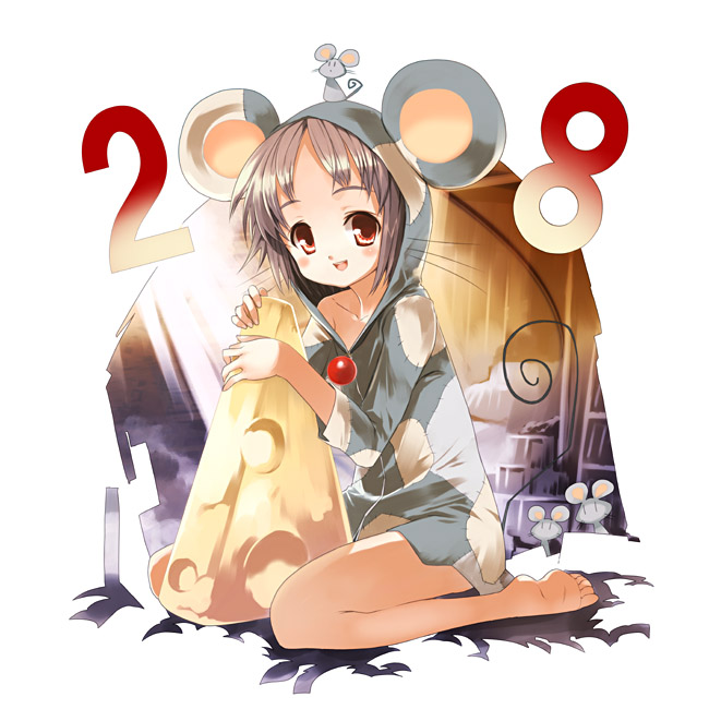 koin (foxmark), original, 00s, 1girl, 2008, animal costume, animal ears, barefoot, cheese, female focus, food, mouse (animal), mouse ears, new year, solo