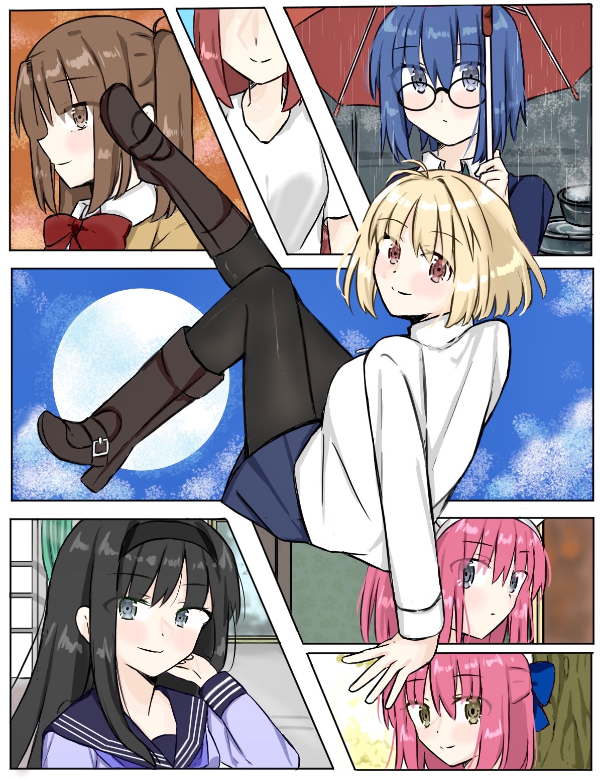 02surume, aozaki aoko, arcueid brunestud, ciel (tsukihime), hisui (tsukihime), kohaku (tsukihime), yumizuka satsuki, tsukihime, tsukihime (remake), commentary request, highres, 6+girls, black-framed eyewear, black hair, black pantyhose, blue bow, blue eyes, blue hair, blue sailor collar, blue skirt, boots, bow, bowtie, brown boots, glasses, hair bow, half updo, maid, moon, multiple girls, pantyhose, red bow, red bowtie, red hair, sailor collar, school uniform, siblings, sisters, skirt, smile, sweater, twins, wa maid, white sweater