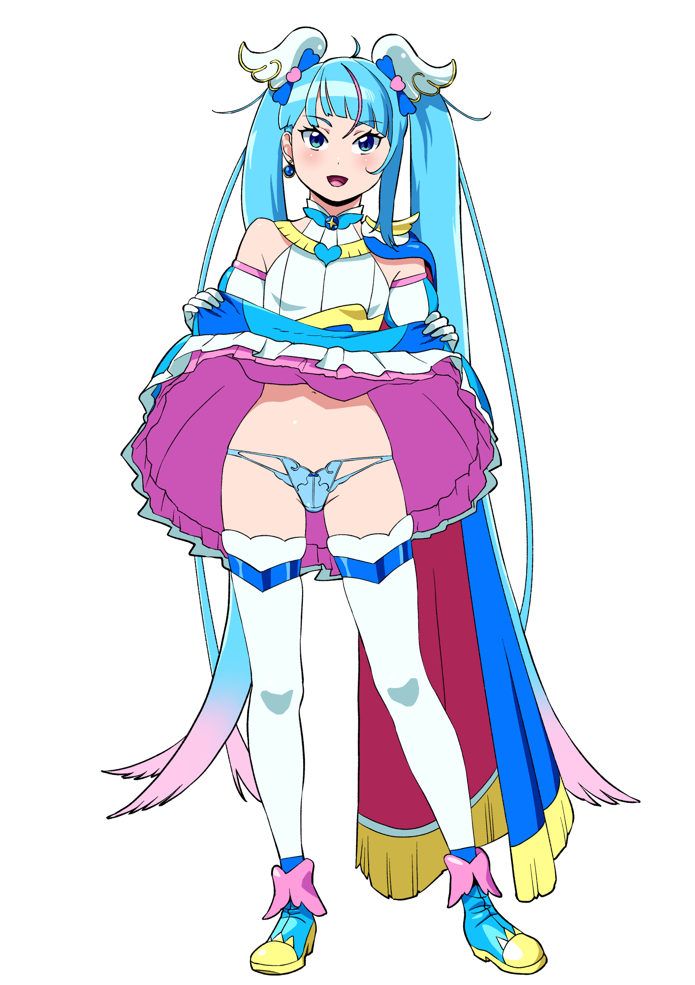matsuda shin, cure sky, sora harewataru, hirogaru sky! precure, precure, commentary, highres, 1girl, ankle boots, blue boots, blue cape, blue dress, blue eyes, blue hair, blue panties, boots, brooch, cape, clothes lift, crotch seam, cut bangs, detached sleeves, dress, dress lift, earrings, fingerless gloves, frilled dress, frills, fringe trim, full body, gloves, gradient hair, hair ornament, jewelry, lifting own clothes, long hair, looking at viewer, magical girl, multicolored hair, open mouth, panties, pink hair, puffy detached sleeves, puffy sleeves, red cape, short dress, simple background, single sidelock, sleeveless, sleeveless dress, smile, solo, standing, streaked hair, thighhighs, twintails, two-sided cape, two-sided fabric, two-tone dress, two-tone hair, underwear, very long hair, white background, white dress, white gloves, white thighhighs, wing brooch, wing hair ornament