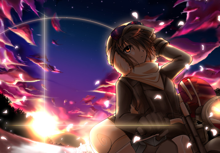 sakayaki (burning soul), kino (kino no tabi), kino no tabi, vehicle, 00s, 1girl, androgynous, cloud, female focus, fur hat, goggles, hat, lens flare, motor vehicle, motorcycle, reverse trap, solo, sunset