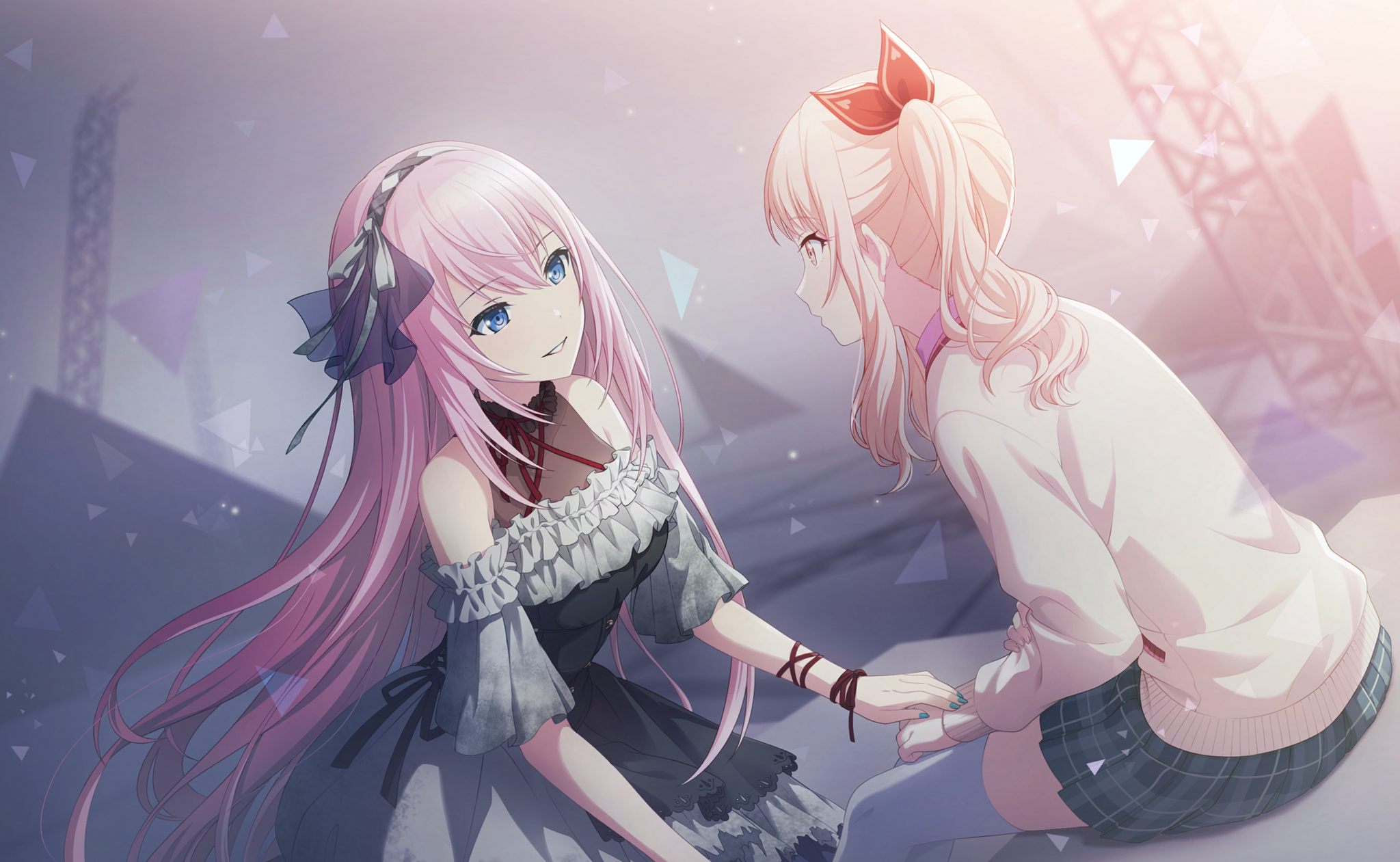 colorful palette, 25-ji luka, akiyama mizuki, megurine luka, project sekai, vocaloid, game cg, highres, official art, third-party source, 1girl, 1other, black dress, blue eyes, blue nails, blurry, blurry background, bokutachi no seizon tousou (project sekai), dress, dutch angle, fingernails, frilled dress, frills, grey skirt, hairband, long hair, looking at another, medium hair, nail polish, pink eyes, pink hair, plaid clothes, plaid skirt, profile, side ponytail, sidelocks, sitting, skirt, thighhighs, triangle, white thighhighs