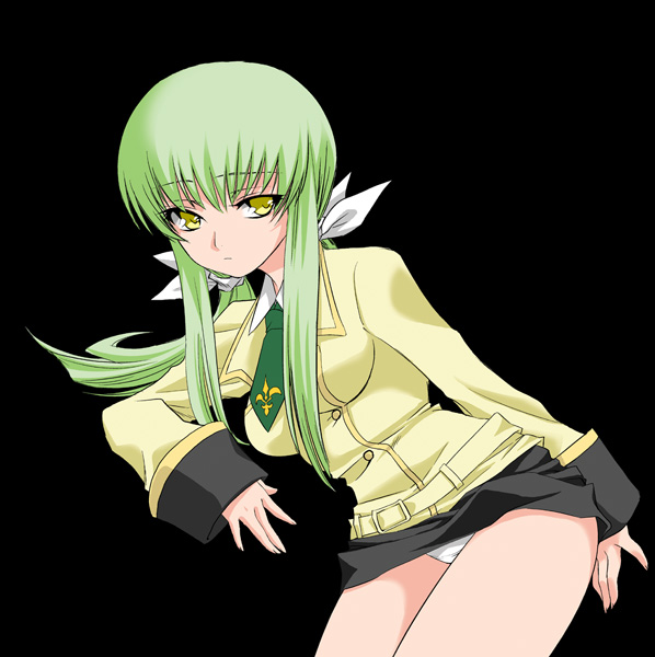 amagai yukino, c.c., code geass, 00s, 1girl, clothes lift, female focus, green hair, panties, pencil skirt, school uniform, serafuku, skirt, skirt lift, solo, underwear, yellow eyes