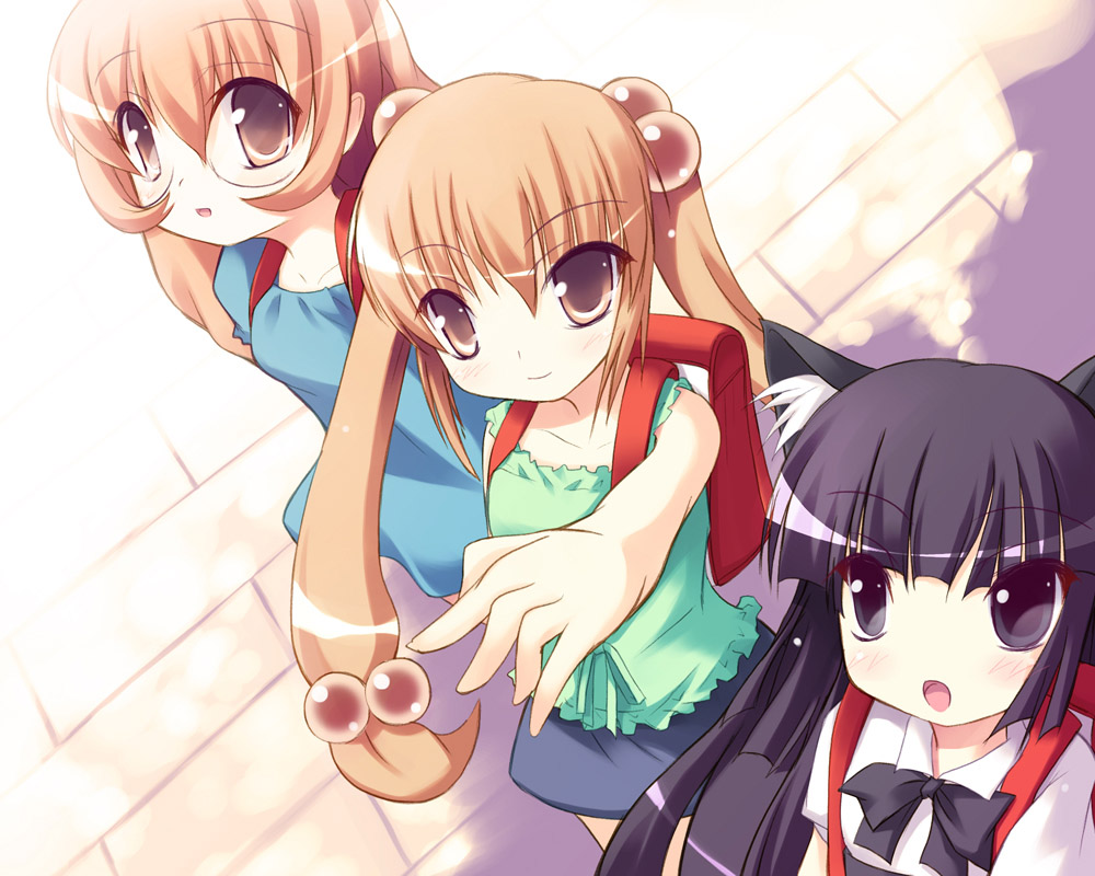 safi, kagami kuro, kokonoe rin, usa mimi, kodomo no jikan, 00s, 3girls, animal ears, backpack, bag, cat ears, child, hair bobbles, hair ornament, multiple girls, randoseru, red bag