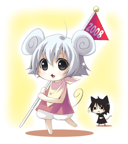 bomi, original, silver hair, lowres, 00s, 1girl, 2008, :<, :3, :d, ahoge, animal ears, black eyes, black hair, bloomers, blush, cat ears, cat tail, chibi, dress, female focus, fish, flag, holding, looking at viewer, mouse ears, mouse tail, new year, open mouth, scarf, shadow, short hair, sleeveless, smile, solo, sparkle, standing, tail, underwear
