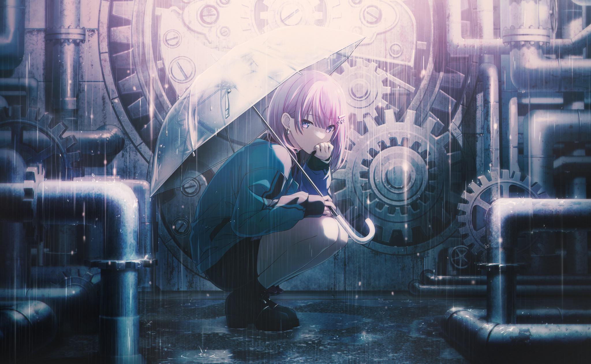 colorful palette, 25-ji luka, megurine luka, project sekai, vocaloid, game cg, highres, official art, third-party source, 1girl, black shoes, black shorts, bokutachi no seizon tousou (project sekai), covering own mouth, earrings, full body, gears, green jacket, hair ornament, hairclip, holding, holding umbrella, industrial pipe, jacket, jewelry, looking at viewer, official alternate costume, official alternate hairstyle, pink hair, purple eyes, shoes, shorts, solo, squatting, thighs, umbrella