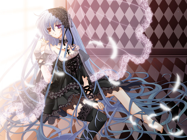 sakayaki (burning soul), 1girl, blue hair, female focus, gothic lolita, lolita fashion, long hair, solo, thighhighs