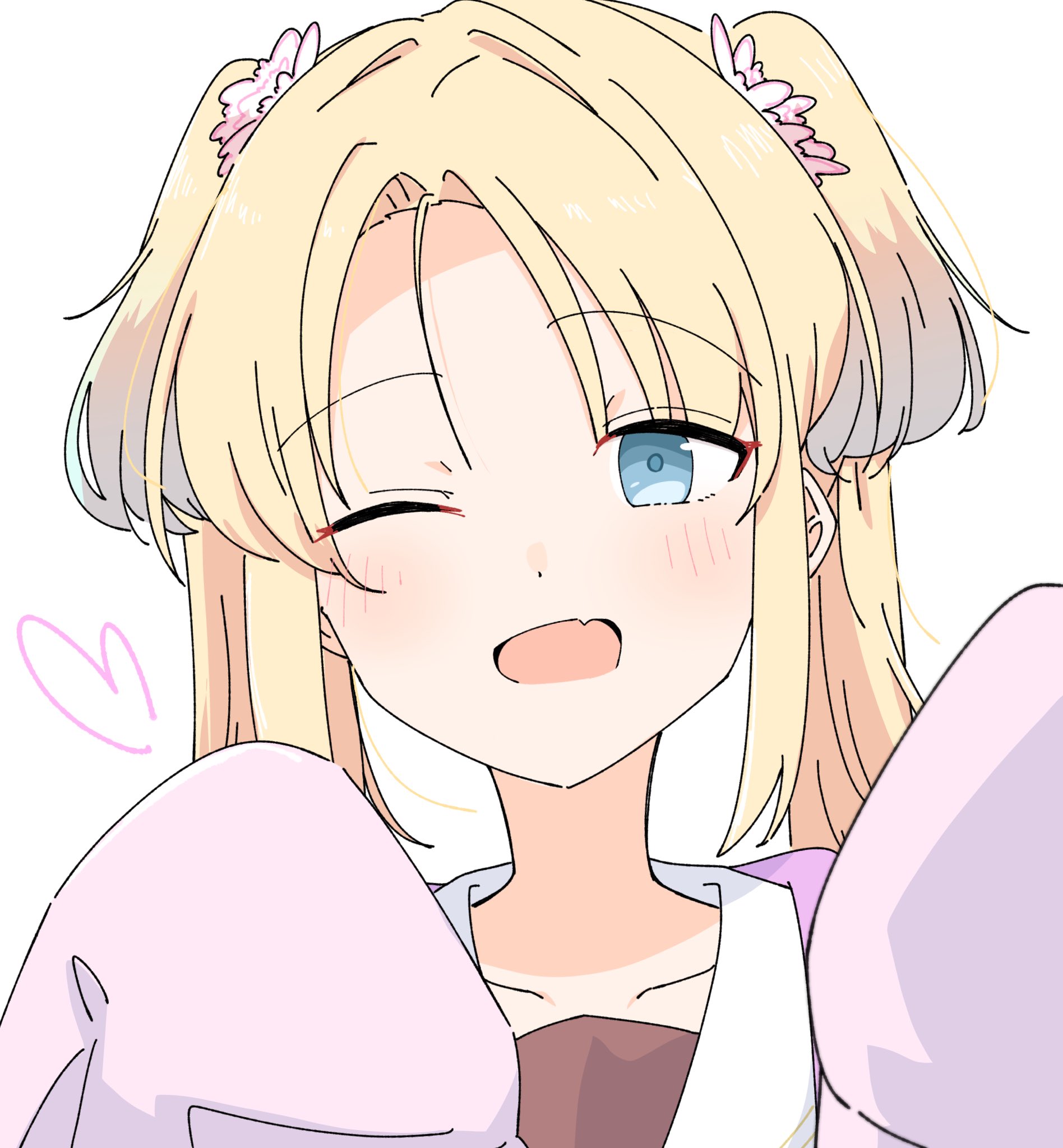 momiji (moj 0404), anyoji hime, osawa rurino, link! like! love live!, love live!, commentary request, highres, 1girl, ;d, blonde hair, blue eyes, blue hair, blush, borrowed clothes, collarbone, curtained hair, dress, fang, flower, gradient hair, hair flower, hair ornament, hasu no sora school uniform, heart, jacket, looking at viewer, multicolored hair, one eye closed, open mouth, parted bangs, pink flower, pink jacket, sailor collar, sailor dress, school uniform, simple background, skin fang, sleeves past fingers, sleeves past wrists, smile, solo, twintails, virtual youtuber, white background, white sailor collar, winter uniform