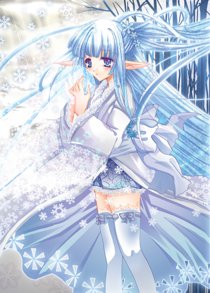 sakayaki (burning soul), 1girl, blue hair, female focus, long hair, pointy ears, snow, snowflakes, snowing, solo, thighhighs