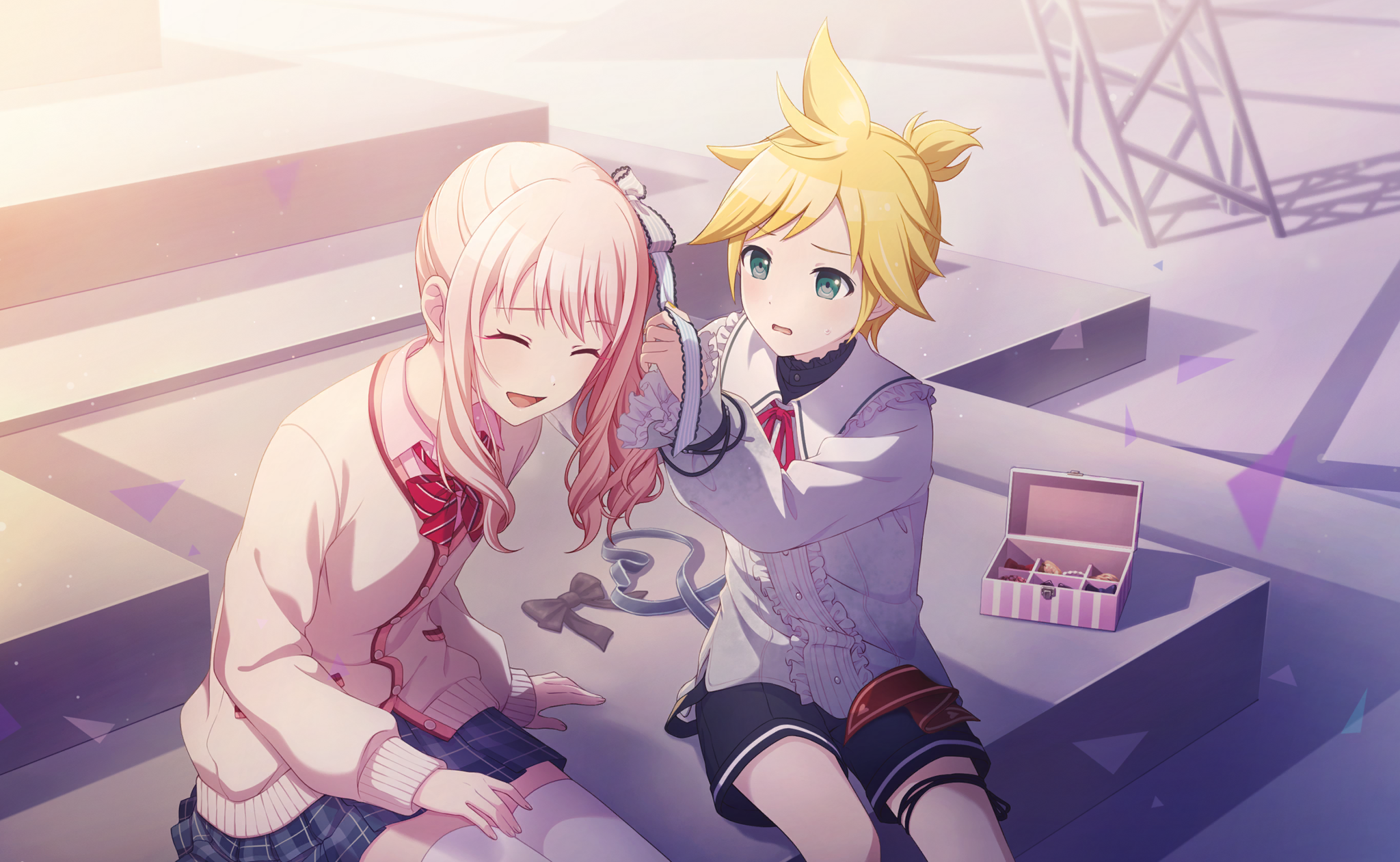 colorful palette, 25-ji len, akiyama mizuki, kagamine len, project sekai, vocaloid, game cg, highres, official art, third-party source, 1boy, 1other, :d, ^ ^, black shorts, blonde hair, blush, bokutachi no seizon tousou (project sekai), bow, bowtie, brown cardigan, cardigan, center frills, closed eyes, dot nose, frilled shirt, frills, green eyes, grey skirt, open mouth, pink hair, plaid clothes, plaid skirt, red bow, red bowtie, ribbon, shirt, shorts, side ponytail, sidelocks, sitting, skirt, smile, spiked hair, striped bow, striped bowtie, striped clothes, striped ribbon, tongue, triangle, white ribbon, white shirt