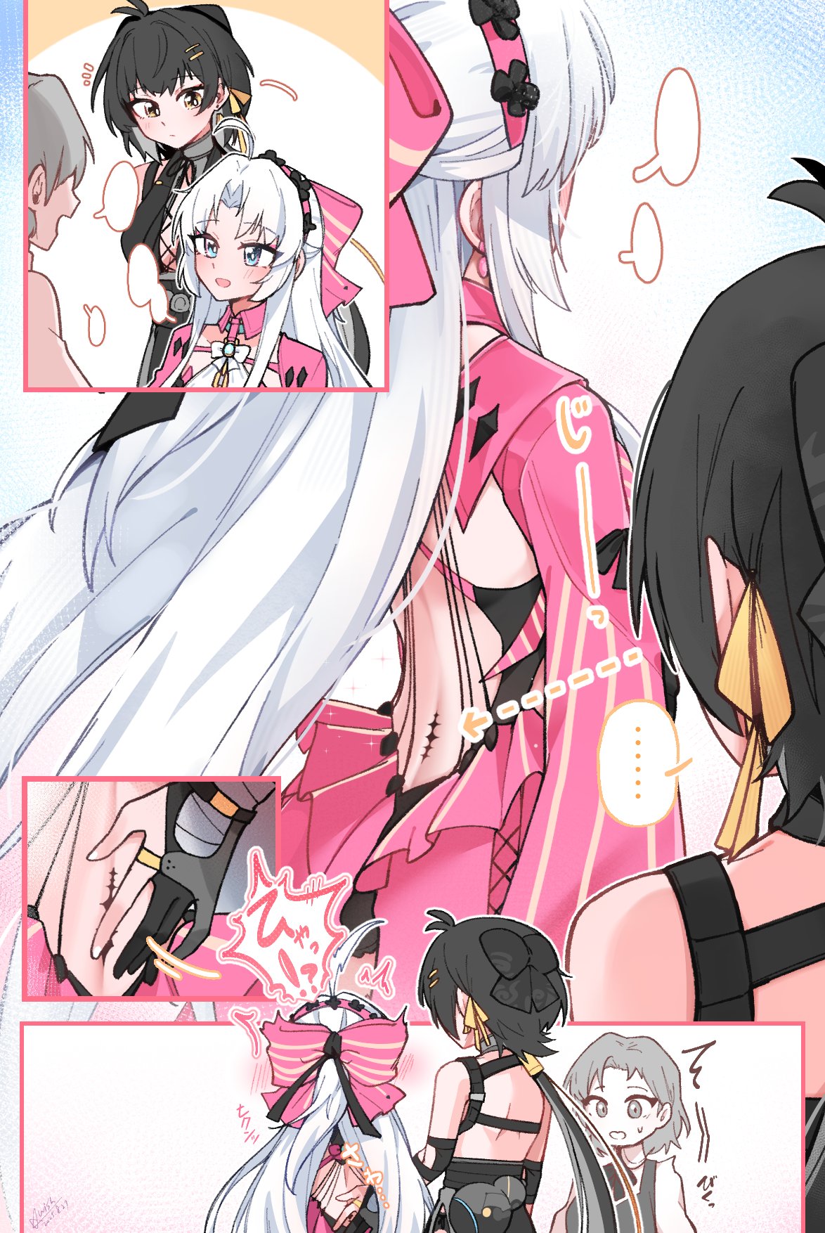 starblame, carlotta (wuthering waves), female rover (wuthering waves), npc (wuthering waves), rover (wuthering waves), wuthering waves, commentary request, highres, …, 3girls, ahoge, black gloves, black hair, blue eyes, bow, closed mouth, gloves, hair bow, hair ornament, hair ribbon, hairband, hairclip, jacket, long hair, low ponytail, multiple girls, pangu terminal (wuthering waves), parallel hairclips, parted bangs, partially fingerless gloves, pink bow, pink hairband, pink jacket, ponytail, ribbon, smile, spoken ellipsis, striped bow, tacet mark (wuthering waves), white hair, yellow eyes, yellow ribbon
