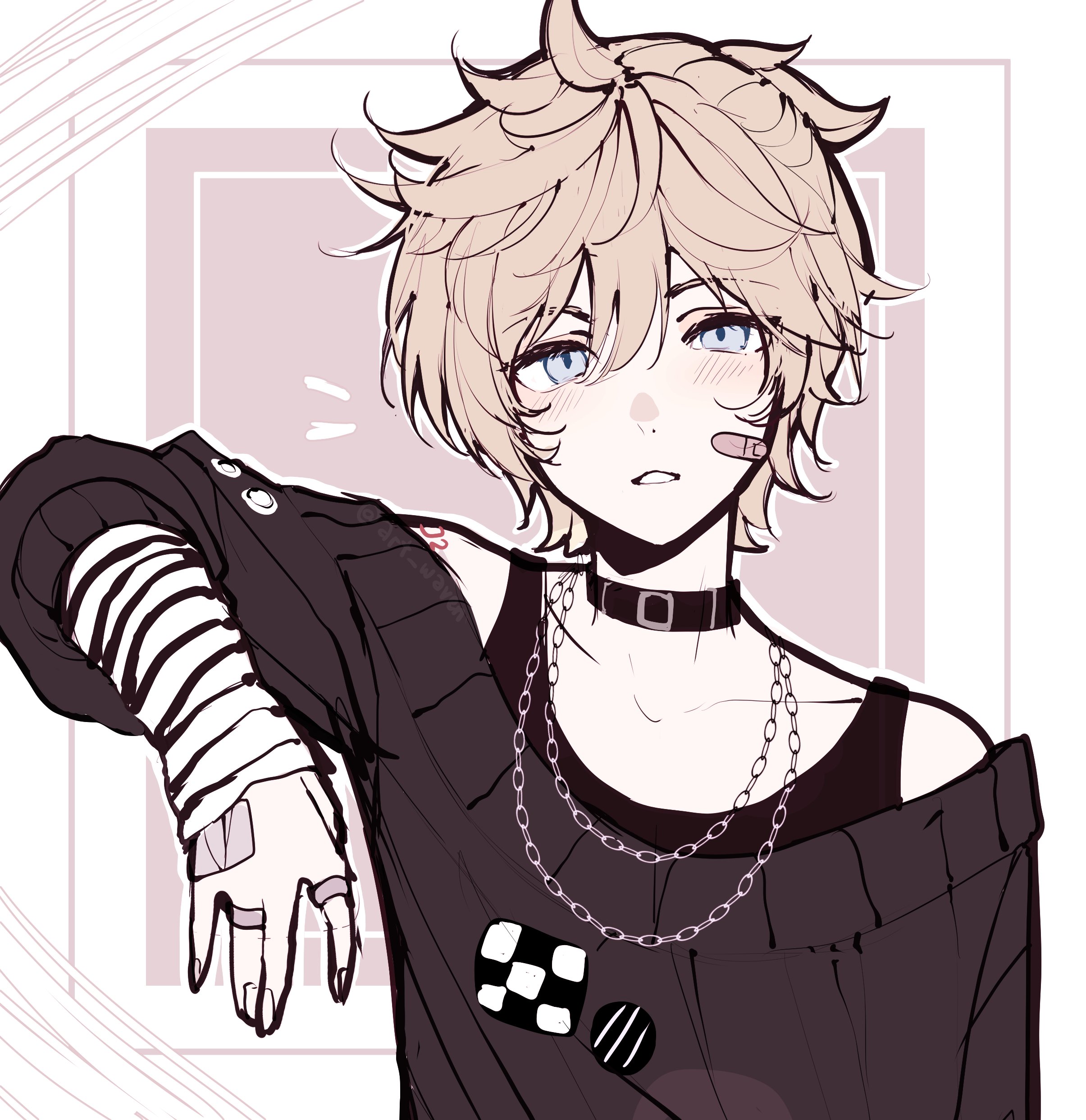 kagamine len, vocaloid, absurdres, commentary request, highres, 1boy, ||/, ahoge, arm at side, art waven, bandaid, bandaid on cheek, bandaid on face, bare shoulders, black arm warmers, black collar, black sweater, black tank top, blonde hair, blue eyes, blush, border, brown background, chain, chain necklace, collar, double-parted bangs, elbow rest, fingernails, hair between eyes, high ponytail, inset border, jewelry, looking at viewer, male focus, messy hair, necklace, notice lines, number tattoo, off-shoulder sweater, off shoulder, outline, outside border, parted lips, ponytail, ring, short hair, short ponytail, shoulder tattoo, simple background, solo, straight-on, striped arm warmers, sweater, tank top, tattoo, three-quarter sleeves, upper body, white arm warmers, white border, white outline
