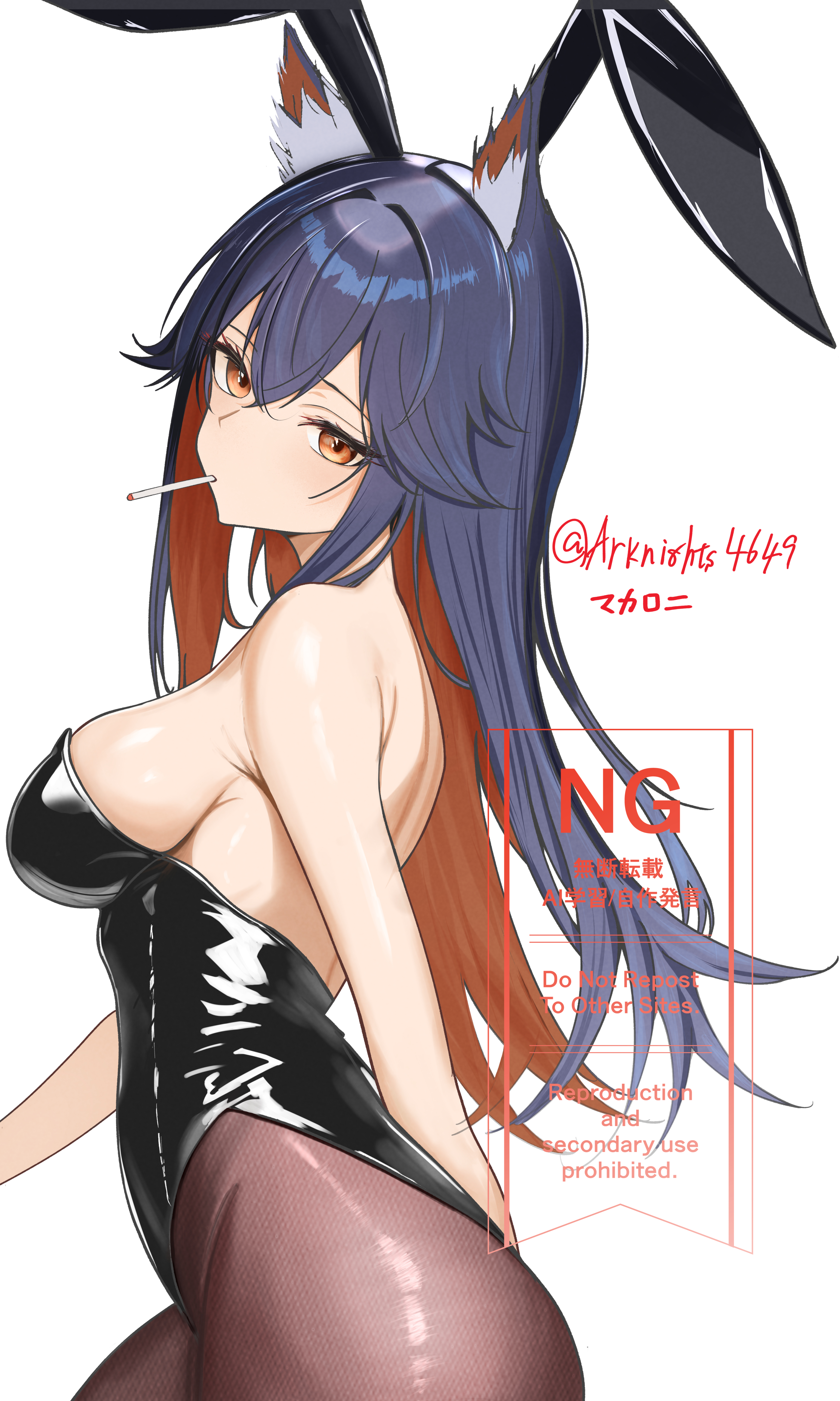 makaroni (arknights4649), texas (arknights), arknights, absurdres, commentary request, highres, partial commentary, 1girl, alternate costume, animal ears, bare shoulders, black hair, black leotard, black pantyhose, breasts, brown eyes, colored inner hair, fake animal ears, leotard, lollipop in mouth, long hair, medium breasts, multicolored hair, pantyhose, playboy bunny, rabbit ears, red hair, sideboob, solo, watermark, wolf ears, wolf girl
