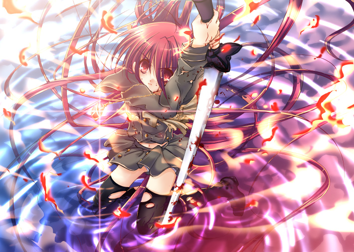 sakayaki (burning soul), alastor (shakugan no shana), shana, shakugan no shana, 00s, 1girl, female focus, jewelry, pendant, solo, sword, thighhighs, torn clothes, weapon