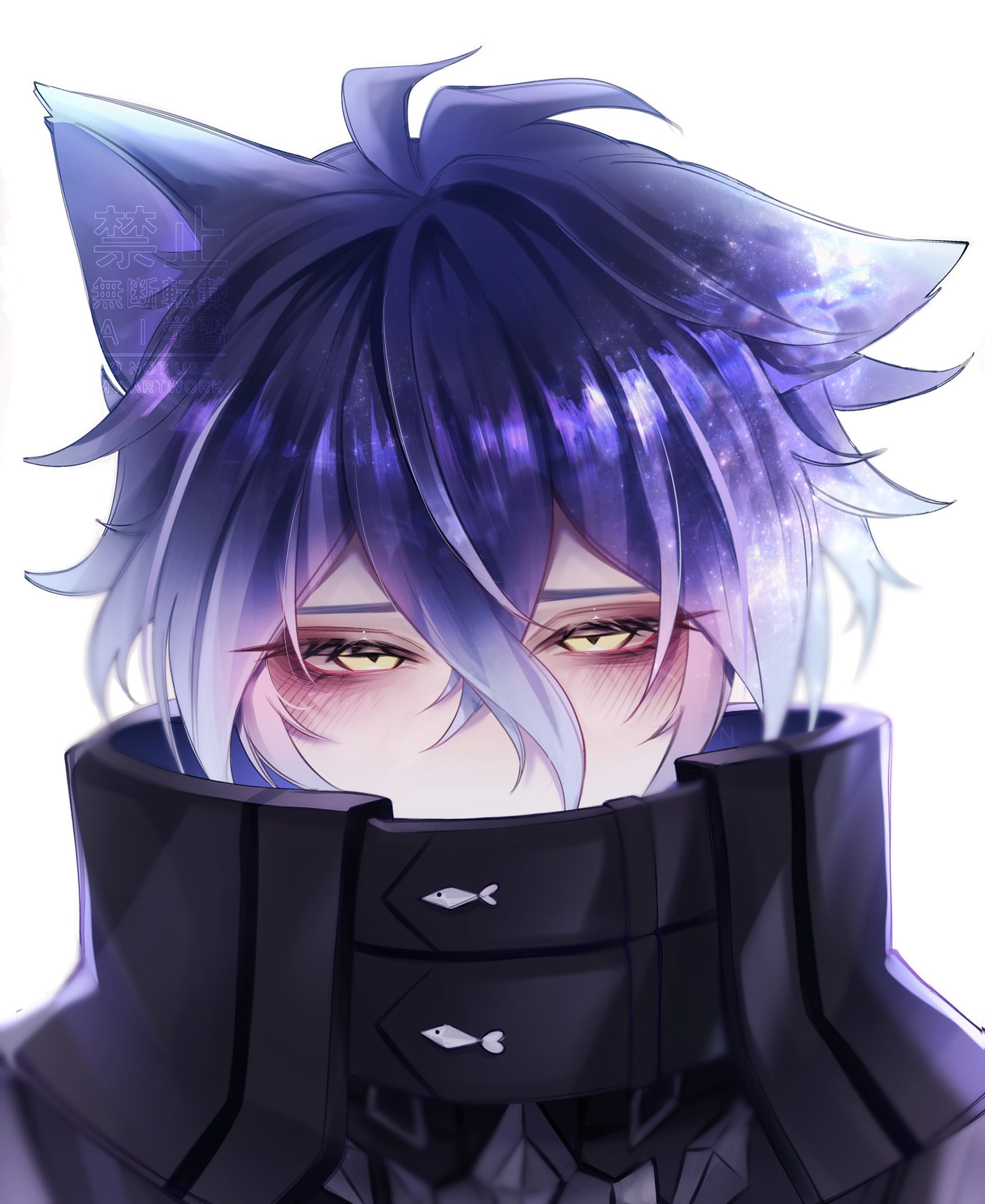 flins (genshin impact), genshin impact, commentary, highres, symbol-only commentary, 1boy, animal ears, antenna hair, blush, cat boy, cat ears, collared jacket, covered mouth, crossed bangs, double-parted bangs, enu 266, eyelashes, hair between eyes, high collar, jacket, kemonomimi mode, looking down, male focus, portrait, solo, watermark, yellow eyes
