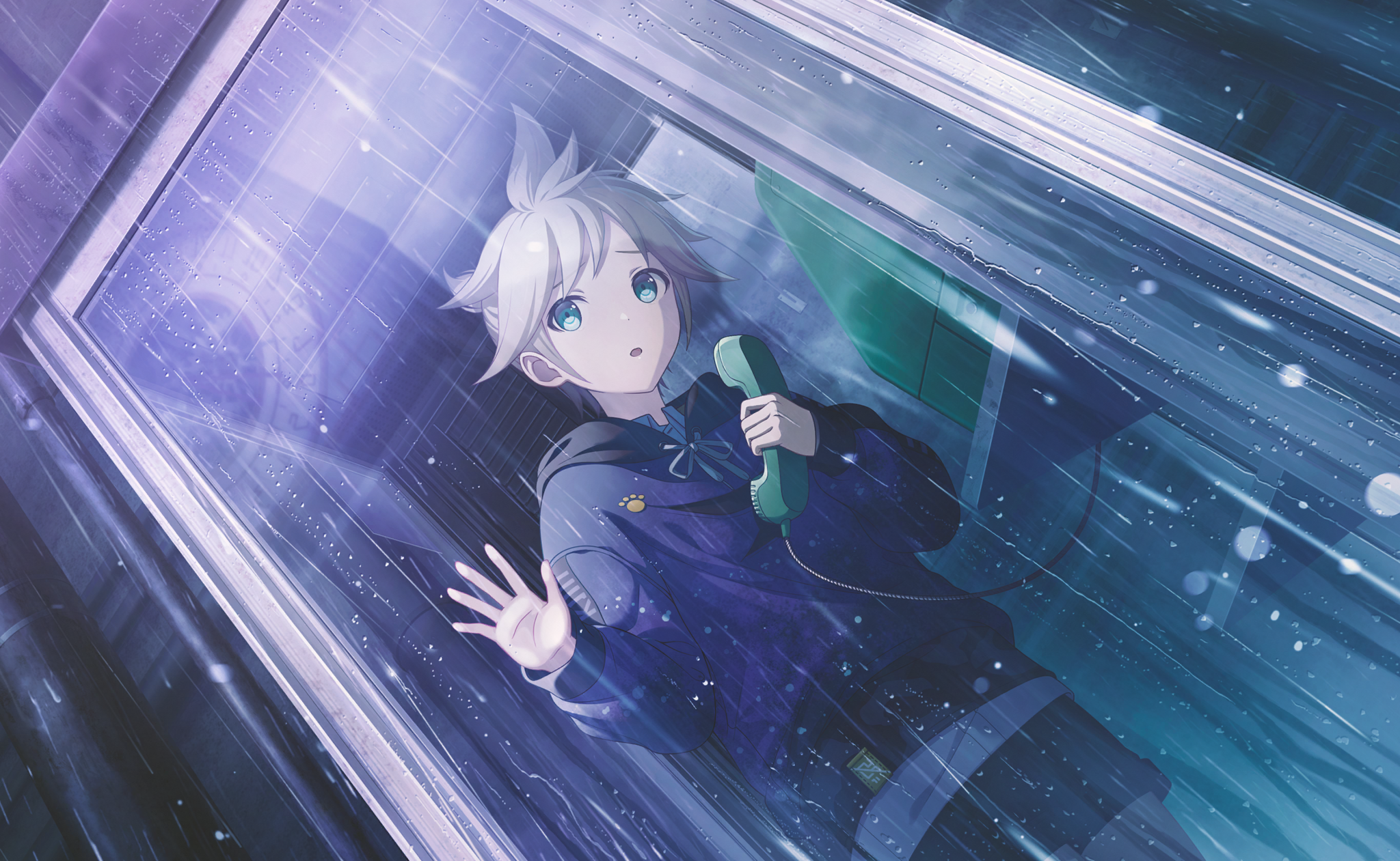 colorful palette, 25-ji len, kagamine len, project sekai, vocaloid, game cg, highres, official art, third-party source, 1boy, black shorts, blonde hair, blurry, bokeh, bokutachi no seizon tousou (project sekai), clock, clock tower, collared shirt, depth of field, green eyes, holding, holding phone, hood, hoodie, male focus, phone, phone booth, purple hoodie, shirt, shorts, solo, spiked hair, tower