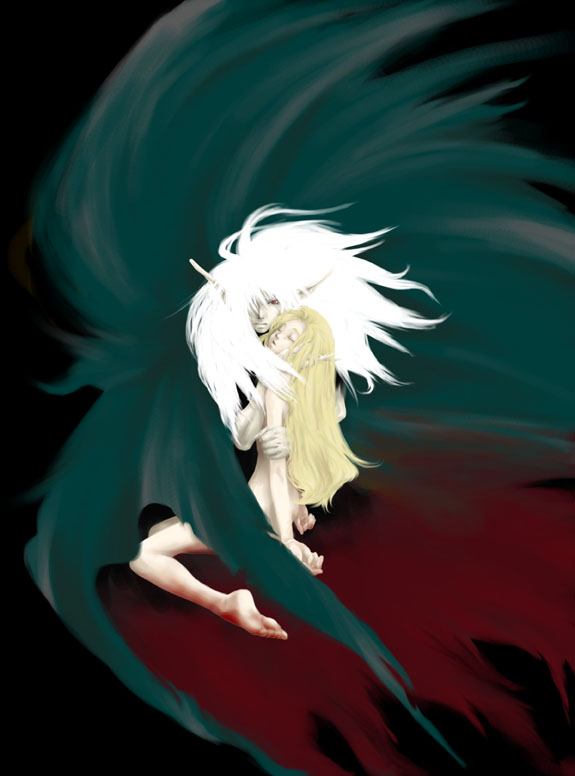 tachibana chata, 1girl, barefoot, blonde hair, blood, elf, feet, female focus, hug, kneeling, long hair, pointy ears, solo, white hair