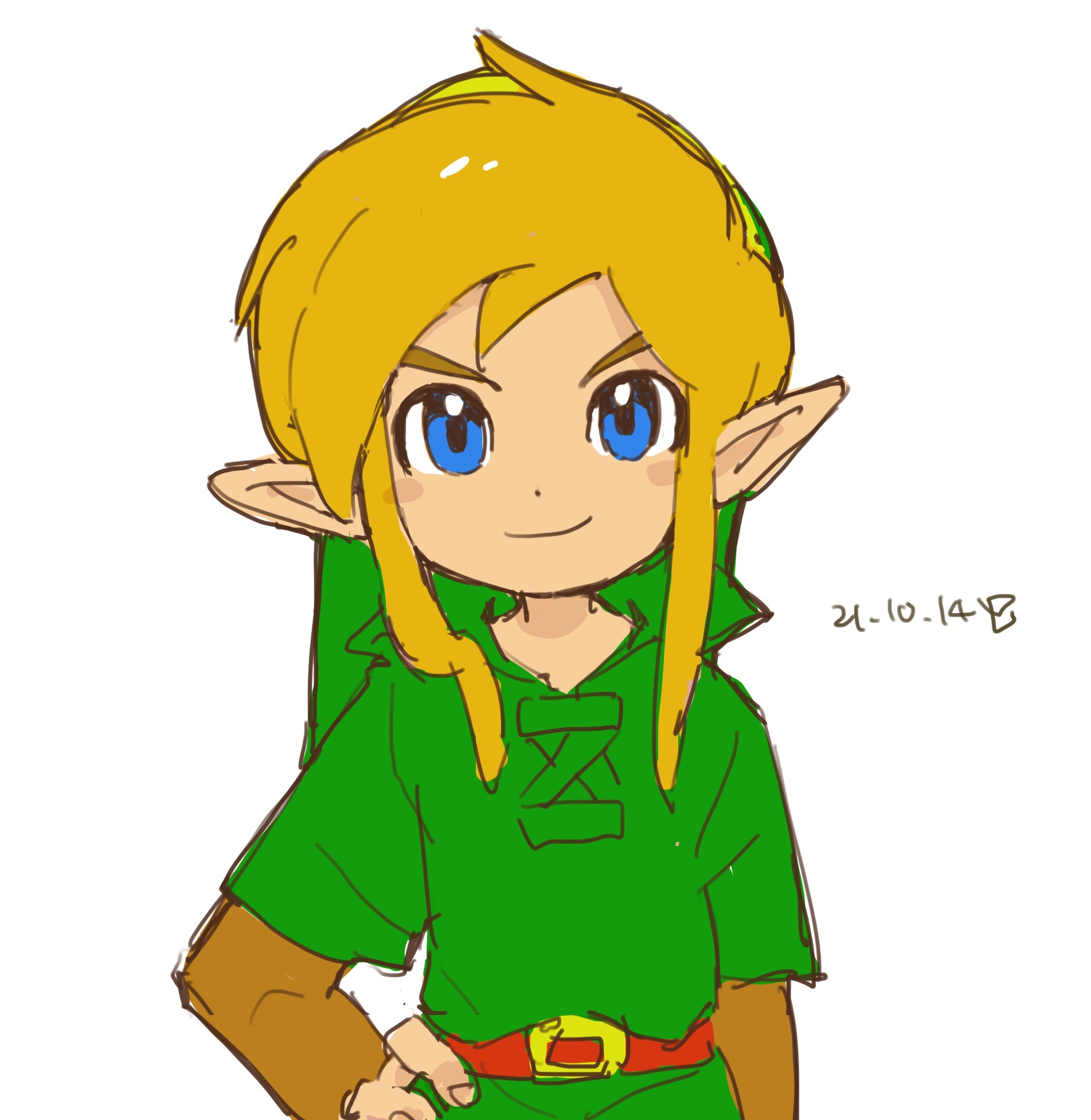 link, nintendo, the legend of zelda, belt, blonde hair, blue eyes, brown shirt, elf, green hat, green shirt, green tunic, hand on own hip, hat, looking at viewer, peke (pixiv16140426), pointy ears, shirt, sword, tunic, weapon, white background